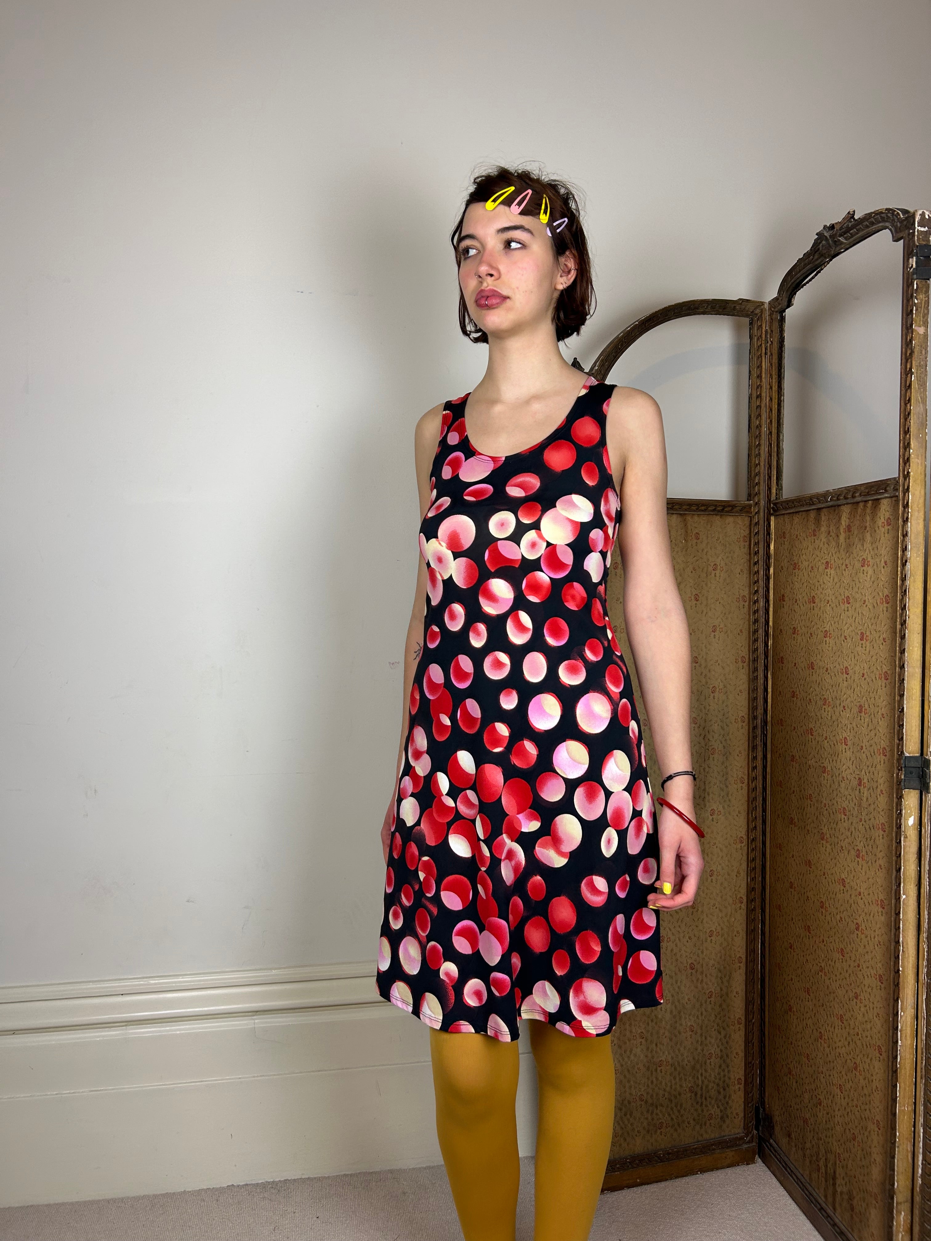 Red and black polka dot dress