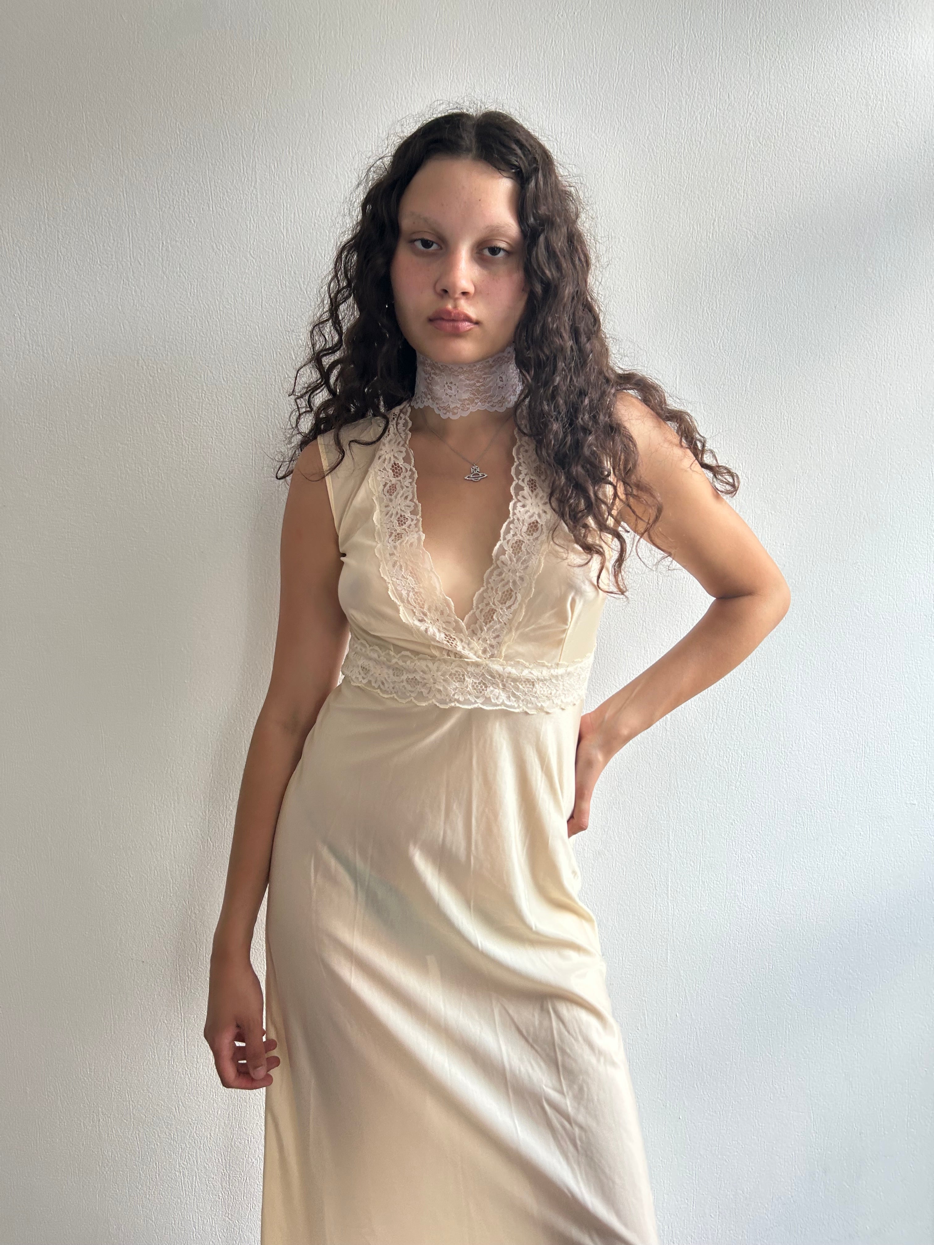 Vintage Cream Lace Maxi Slip Dress