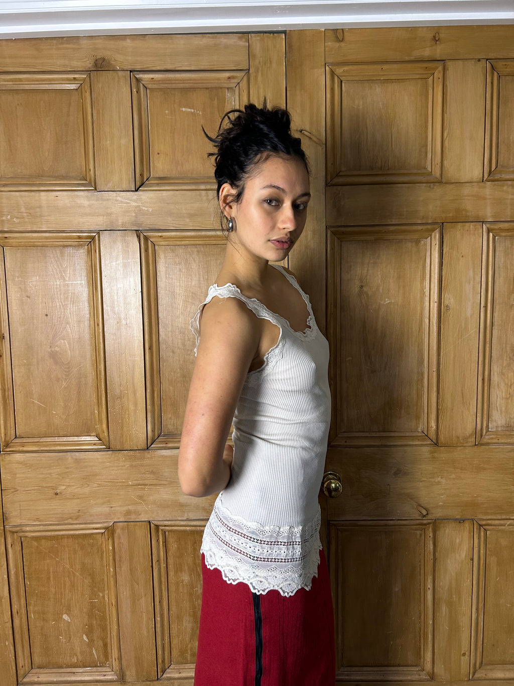 Cream ribbed lace tank top