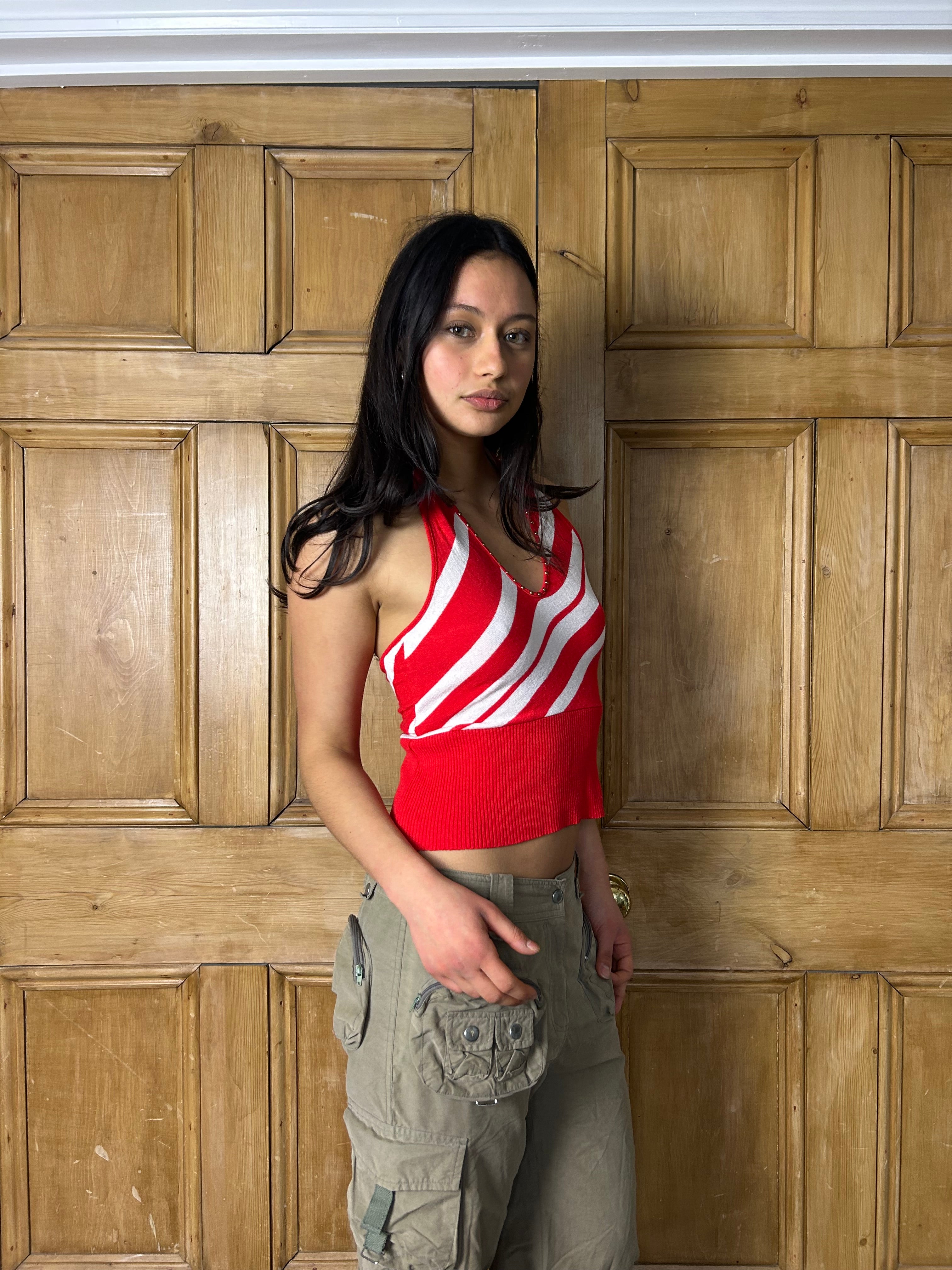 Red and white halter neck top