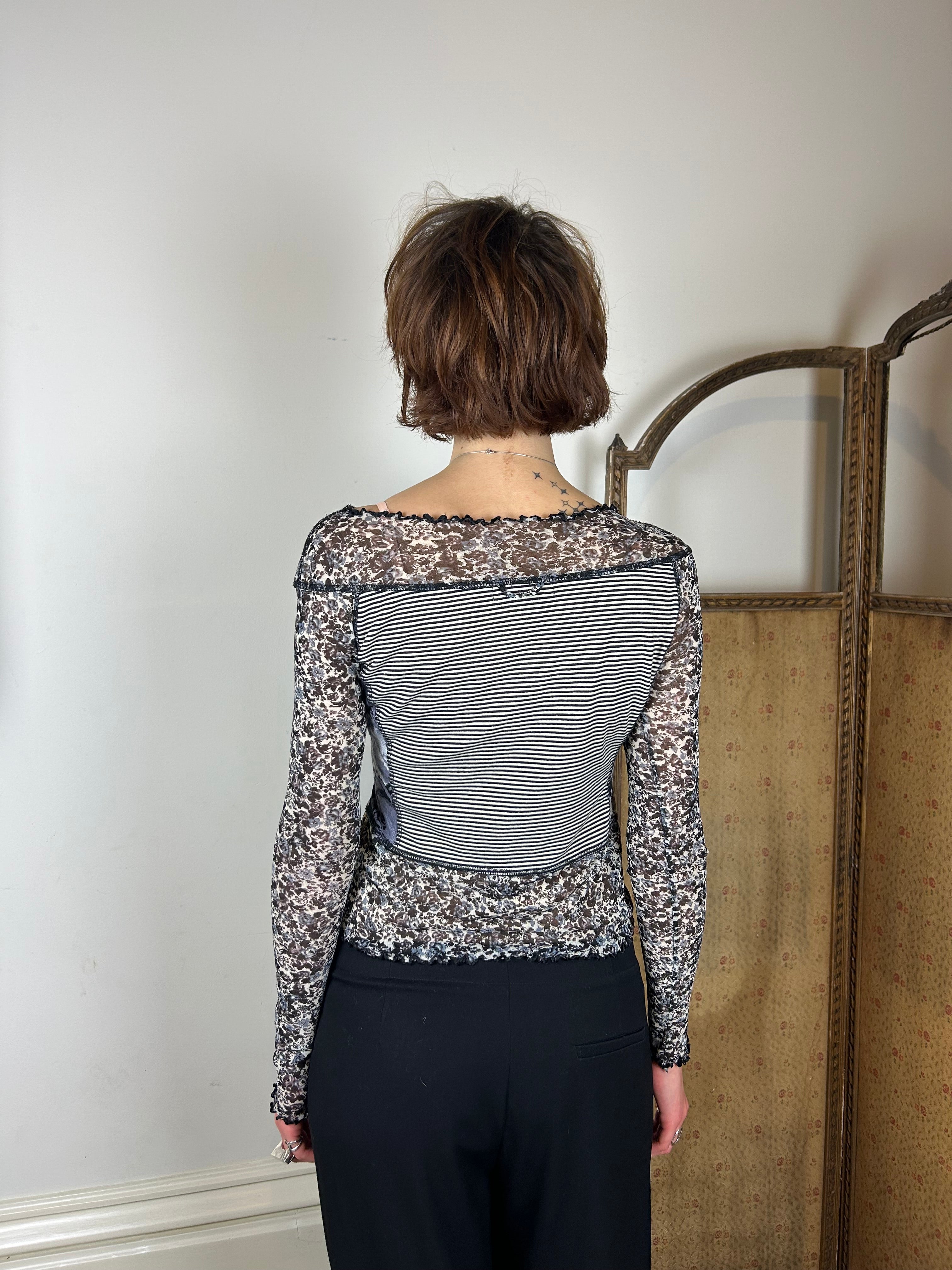 Black and white floral patchwork mesh top