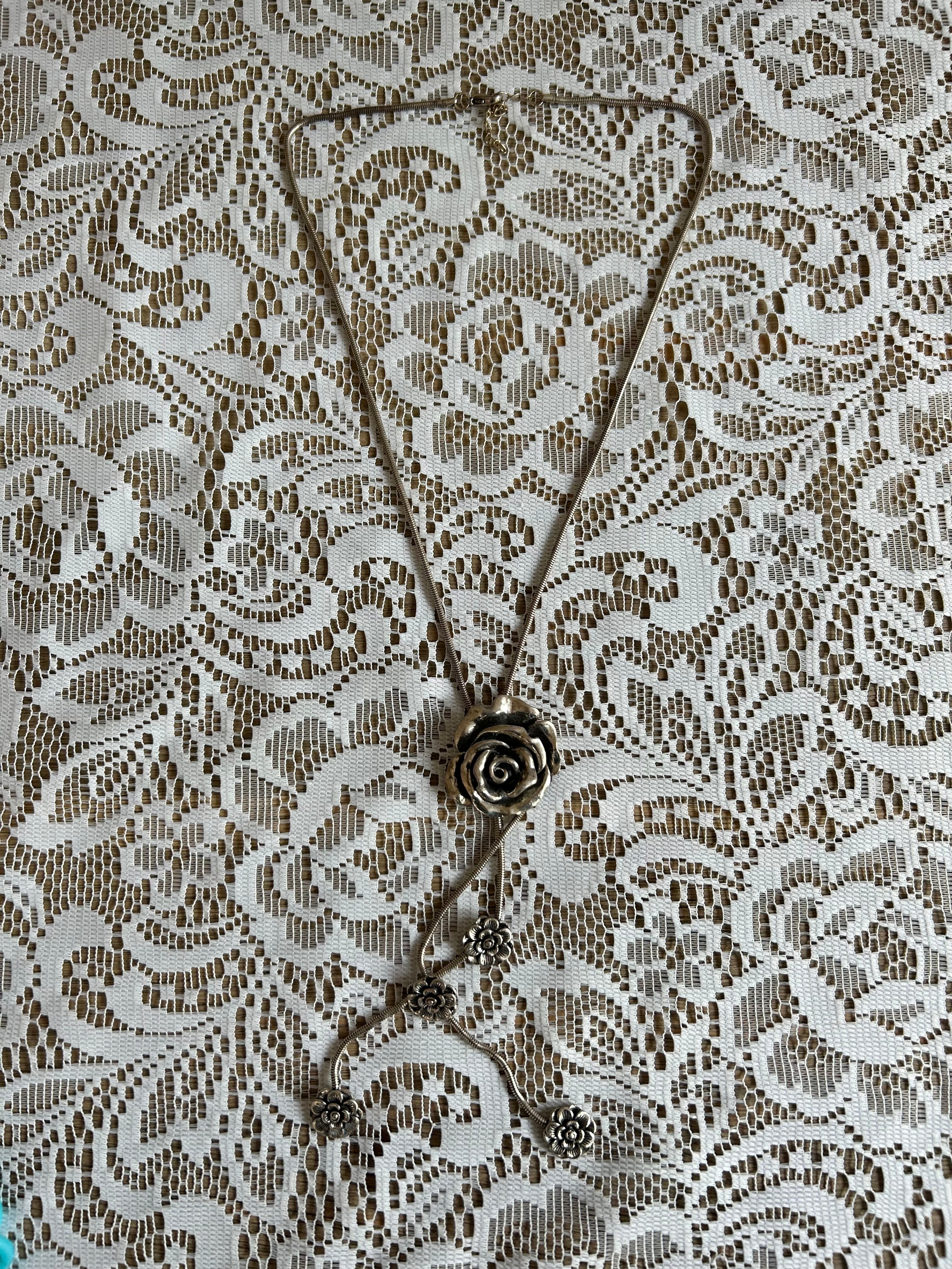 Chunky Silver Rose Drop Necklace