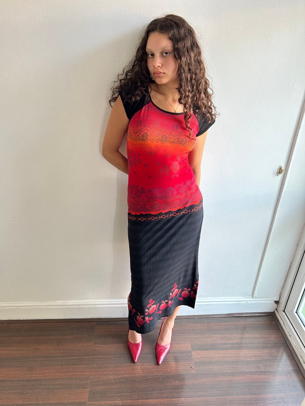 Whimsical Red and Black/Blue Maxi Dress