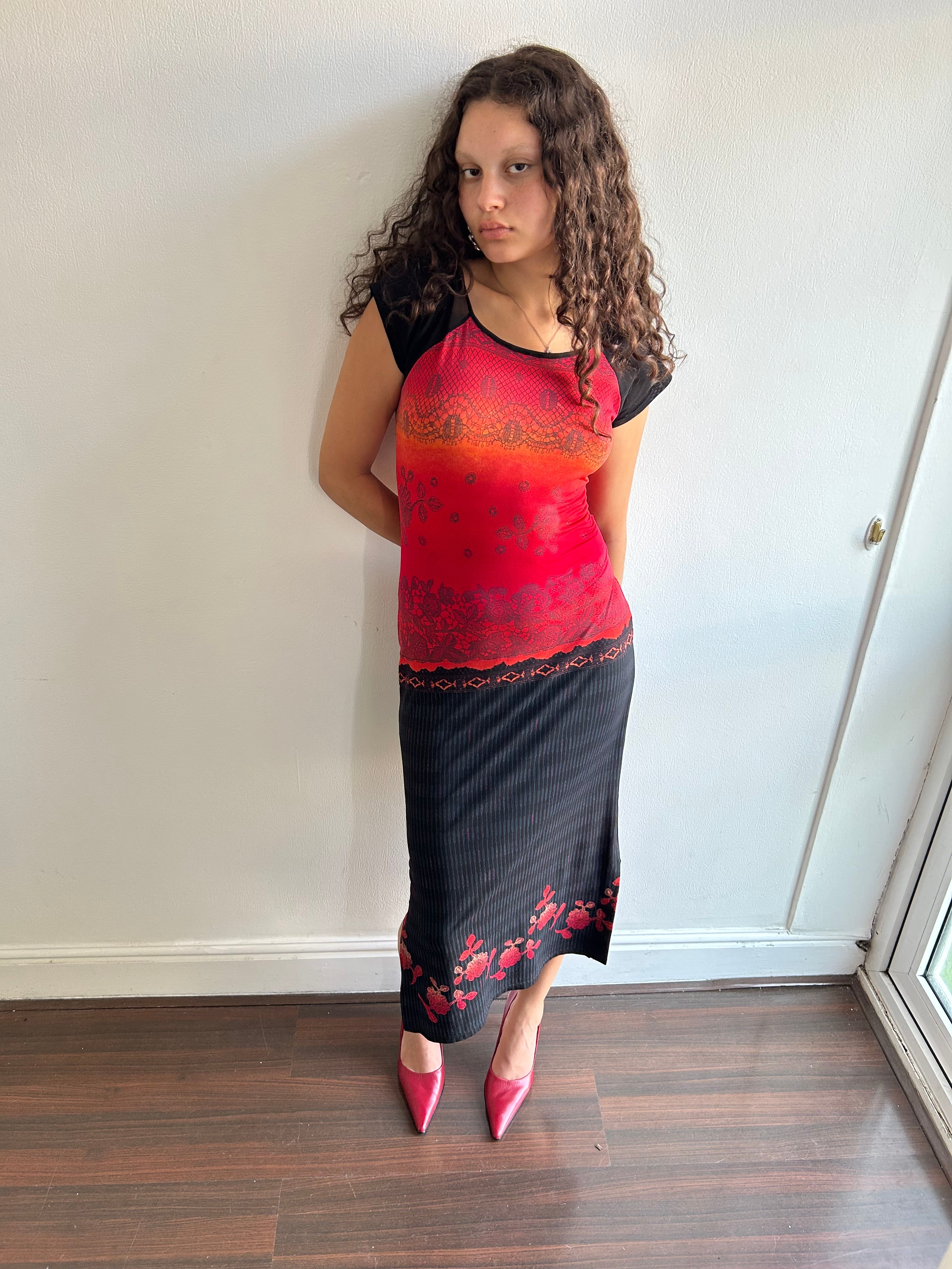 Whimsical Red and Black/Blue Maxi Dress