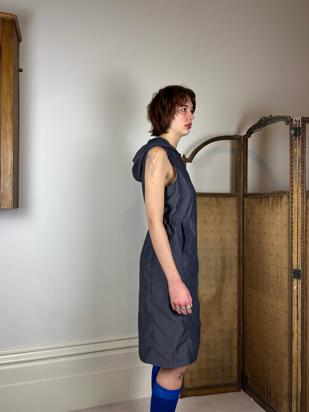 Grey hooded zip dress