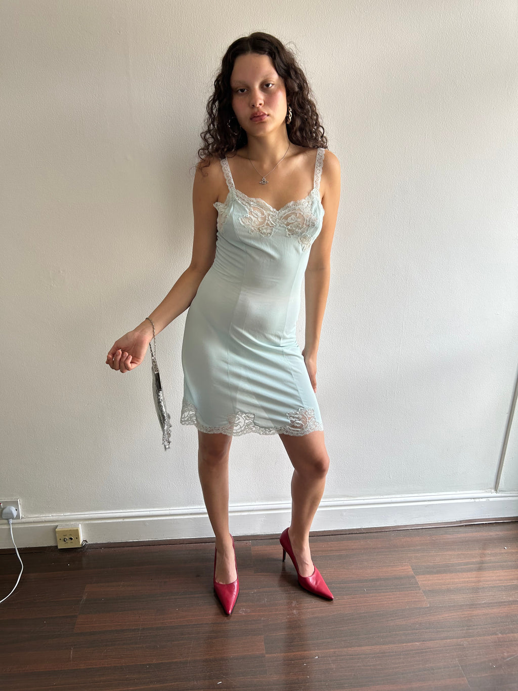 Vintage Baby Blue Lace Slip Dress