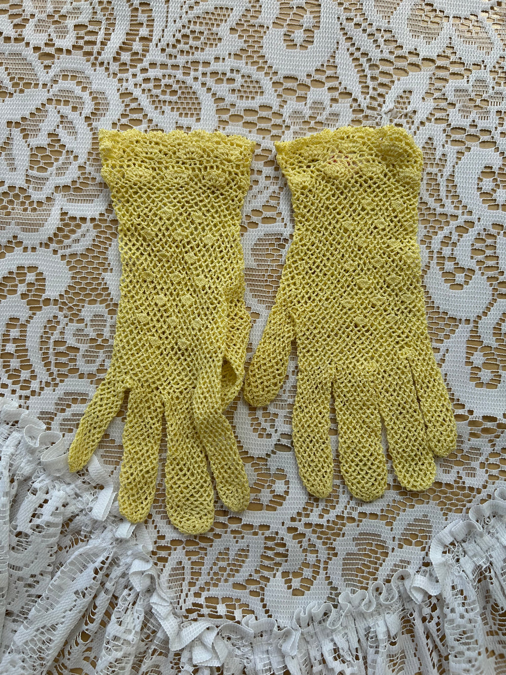 Vintage Butter Yellow Crochet Gloves