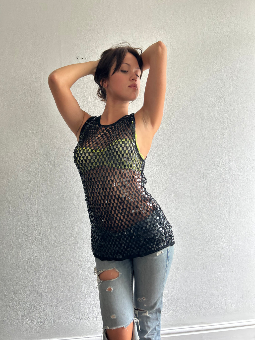 Black crochet and sequin top