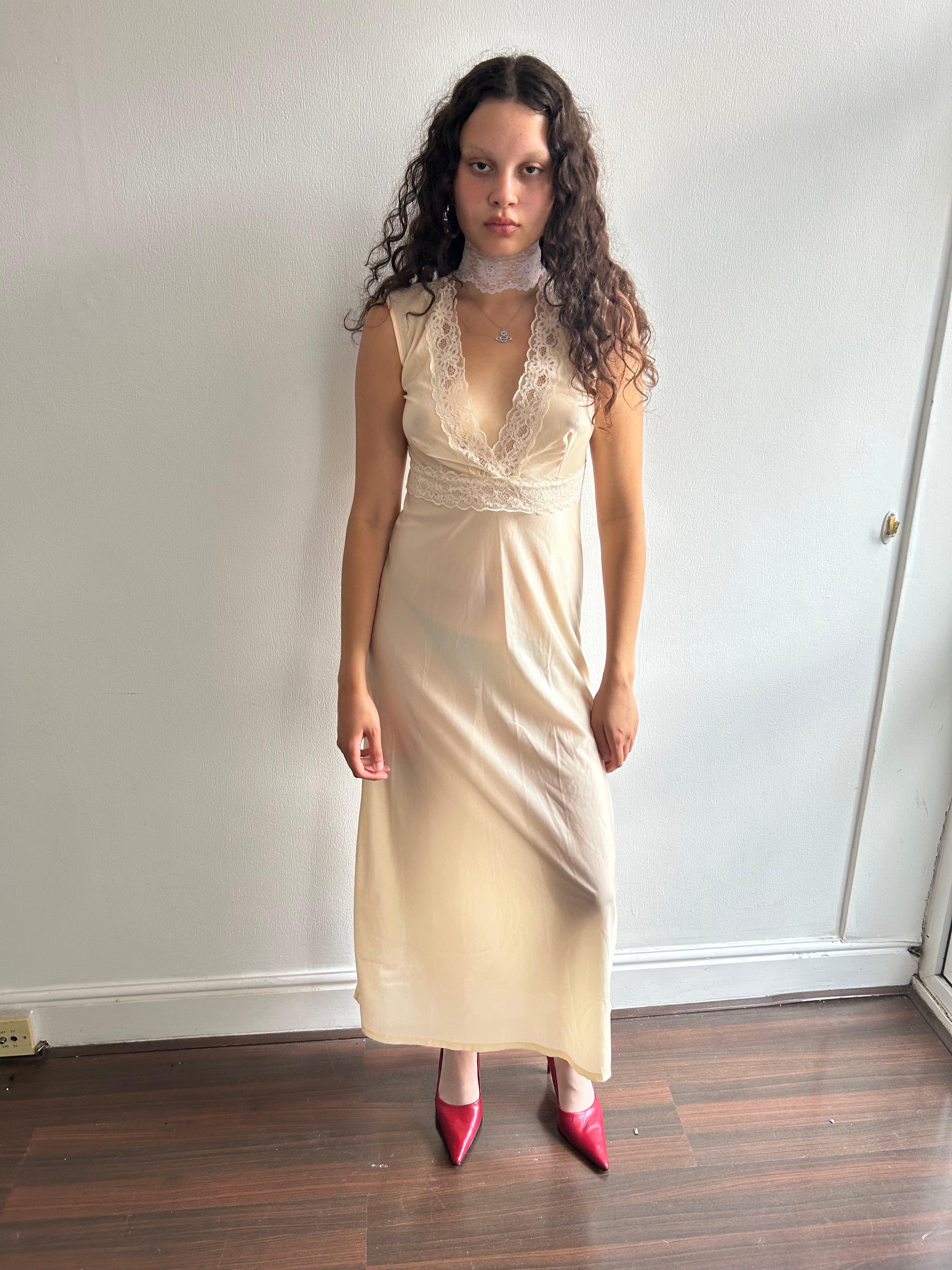 Vintage Cream Lace Maxi Slip Dress