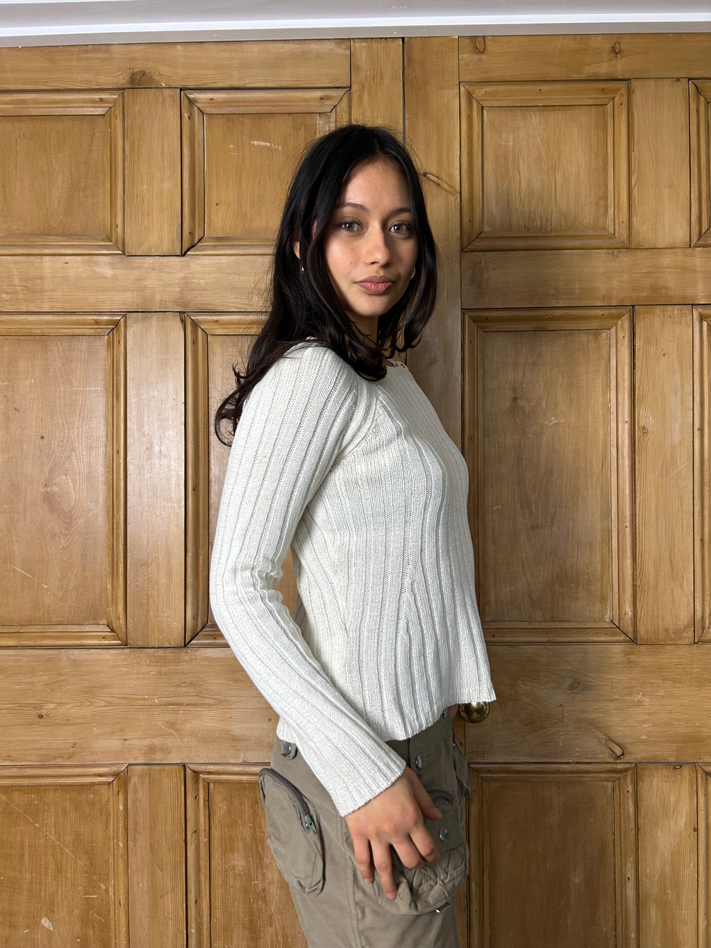 White ribbed jumper with button detailing