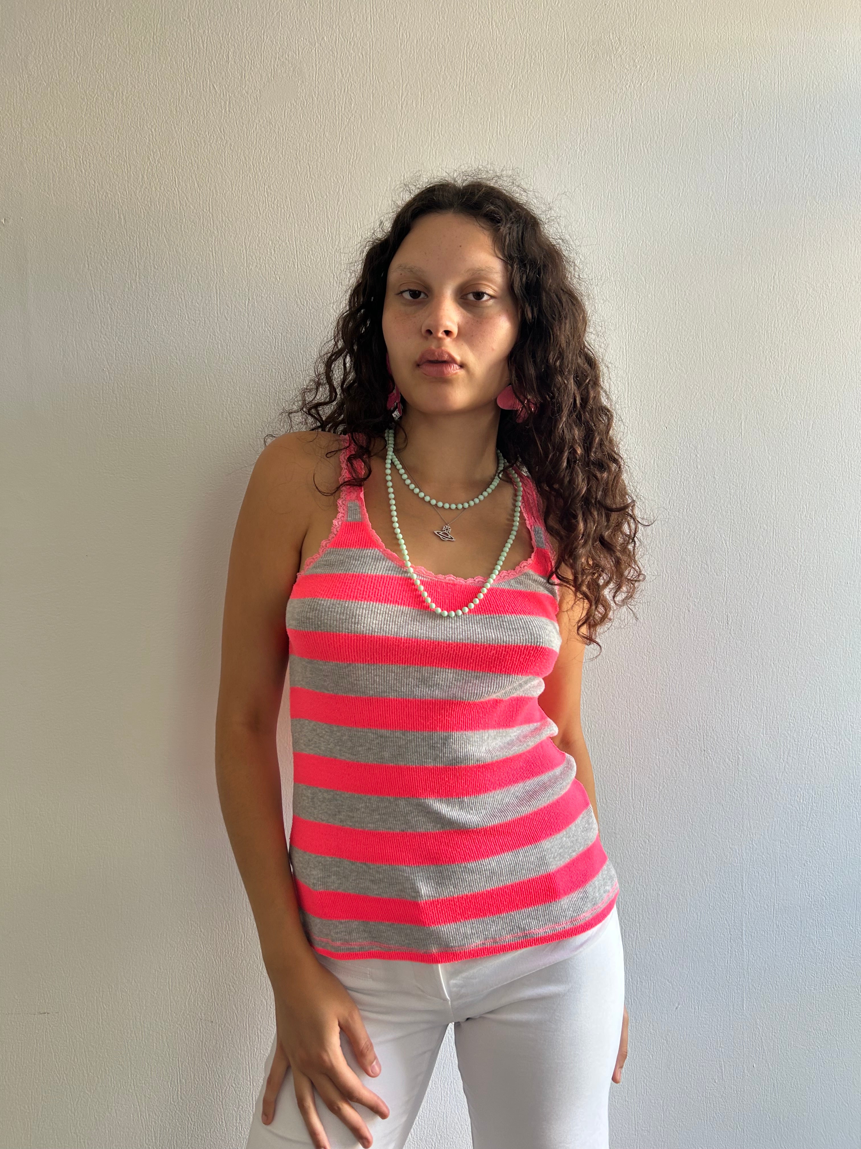 Bright Pink and Grey Stripe Tank Top