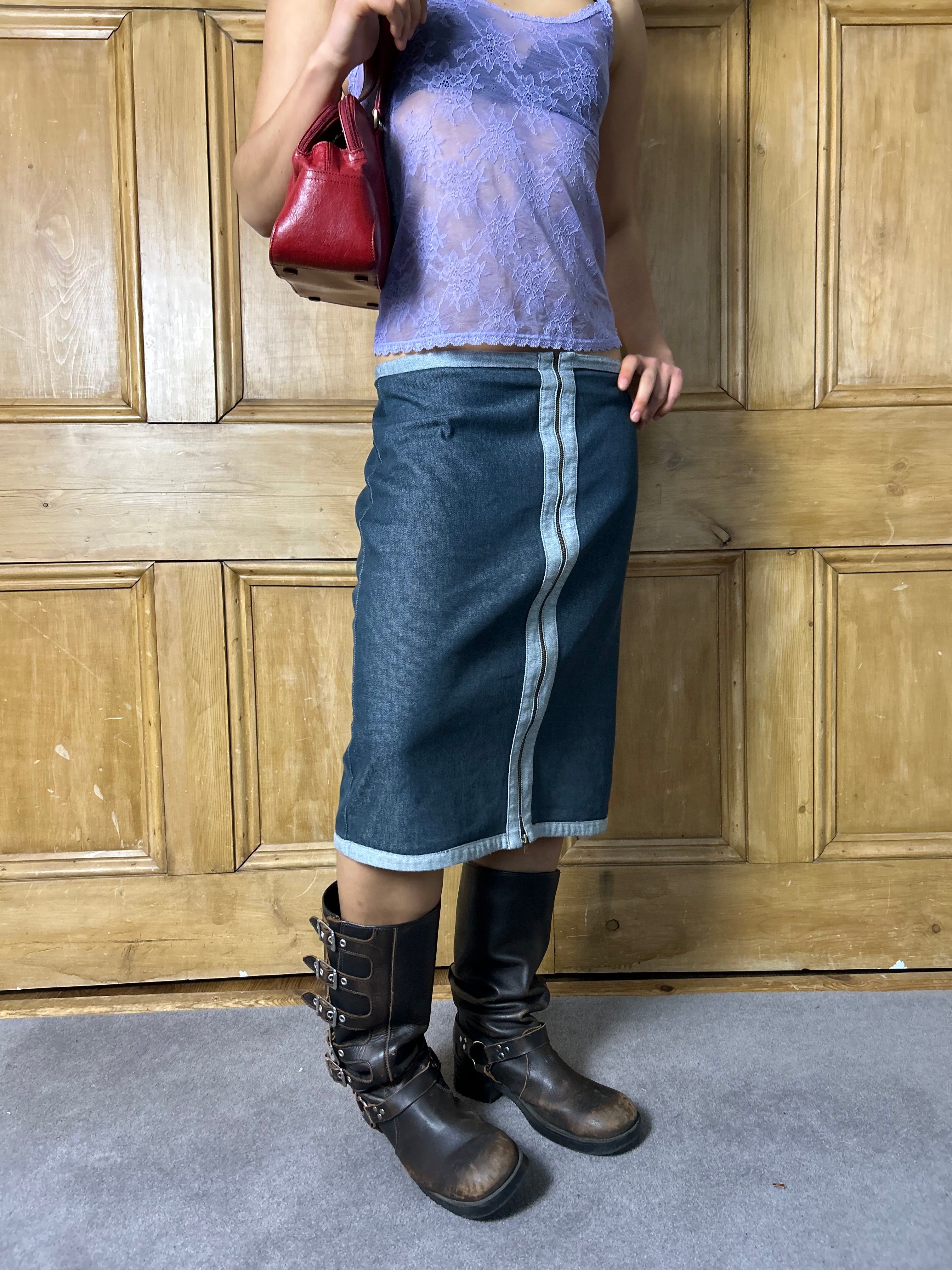 Denim Zip Midi Skirt