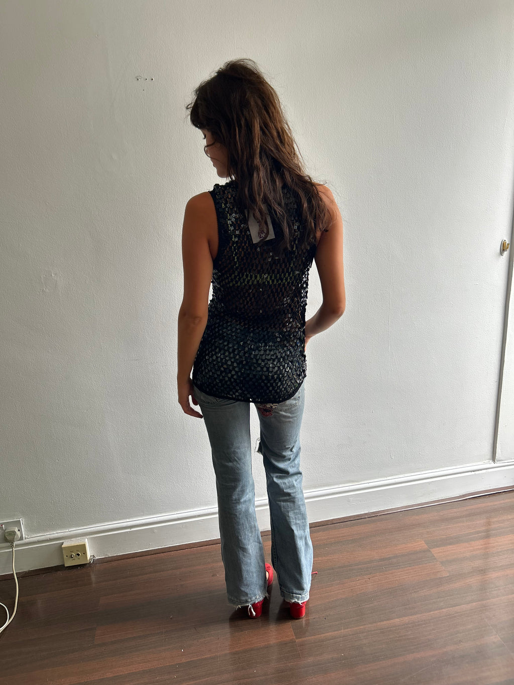 Black crochet and sequin top