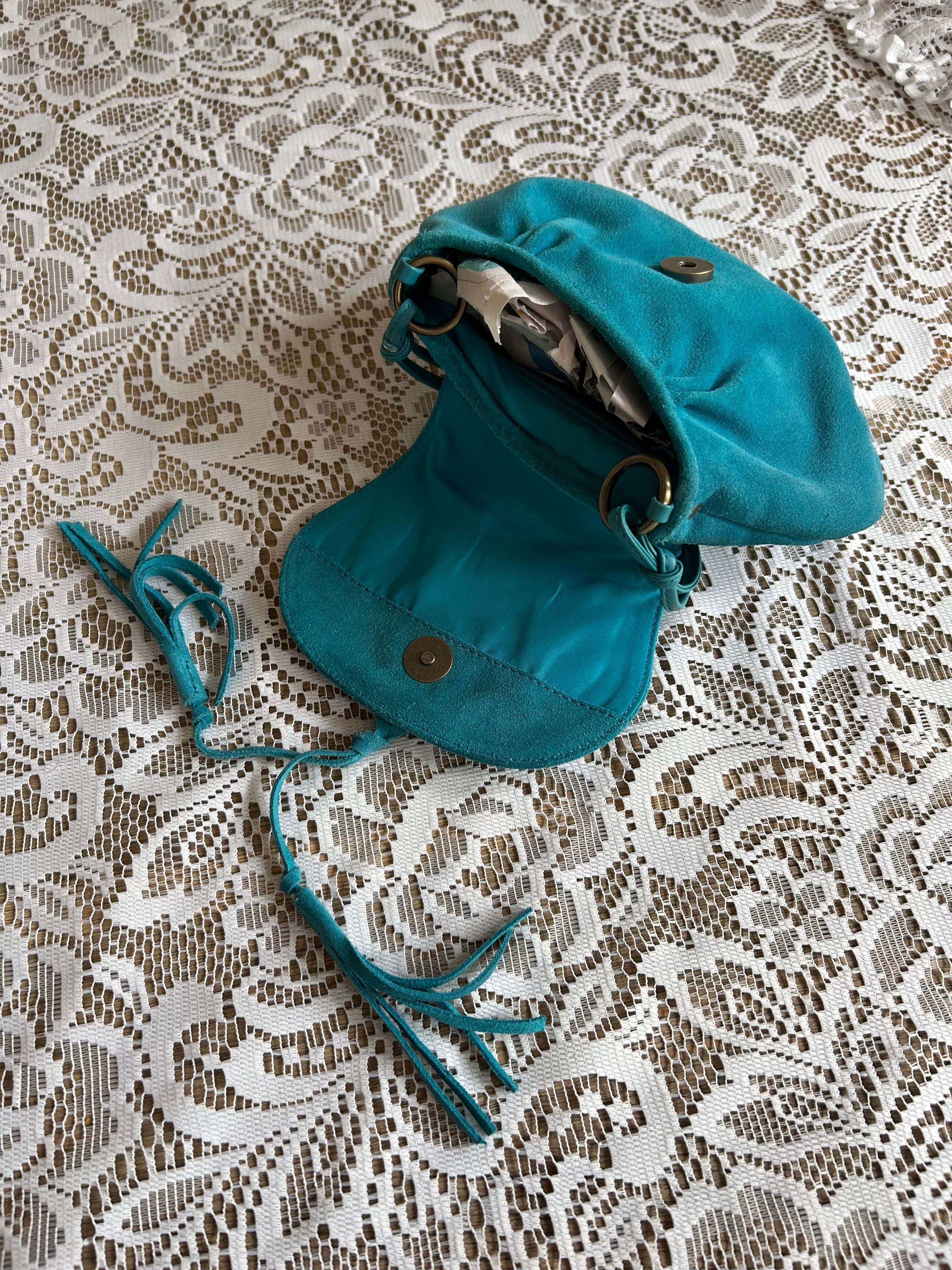 Teal Blue Suede Pouch Handbag