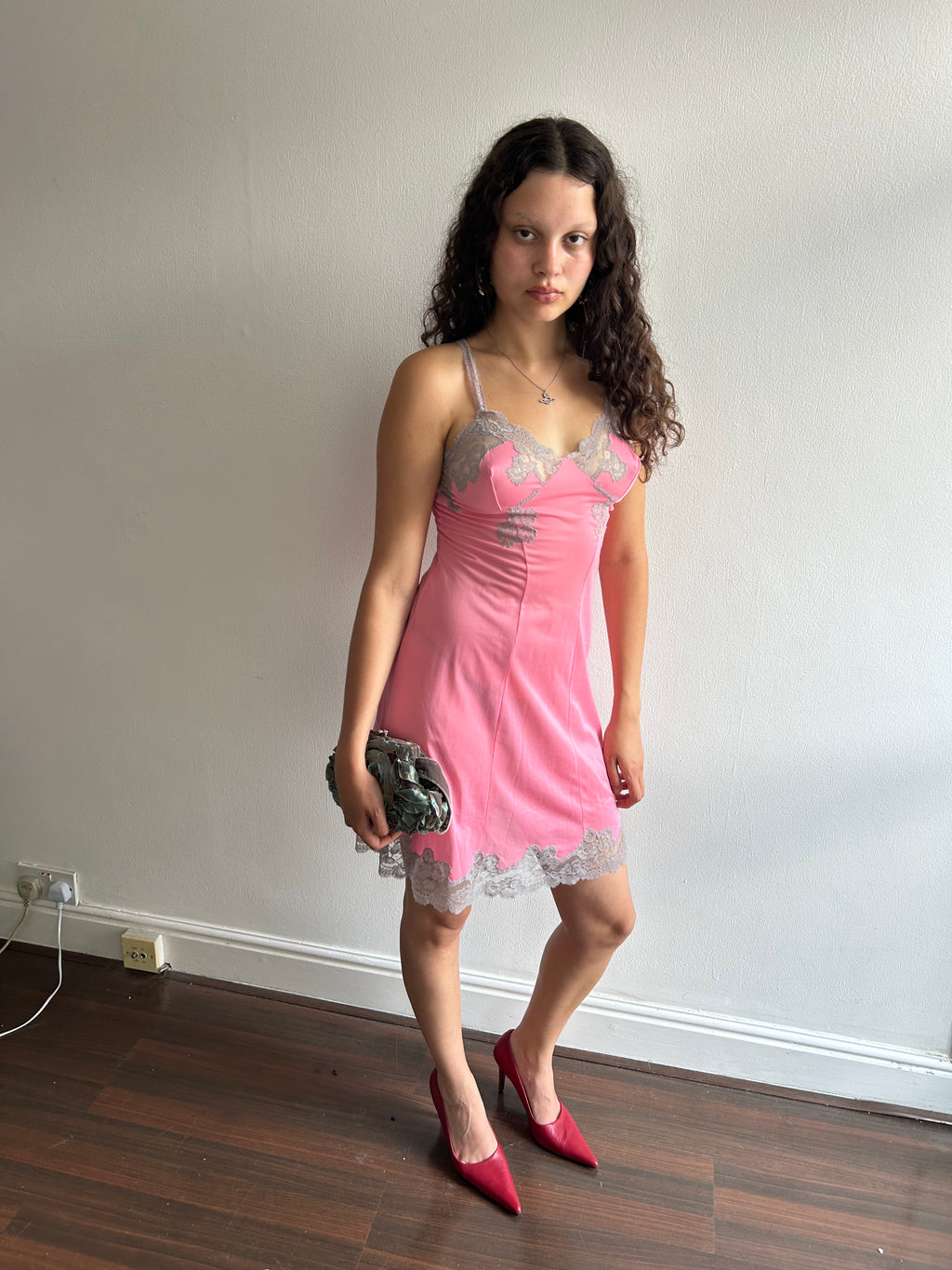 Vintage Pink and Grey Lace Slip Dress
