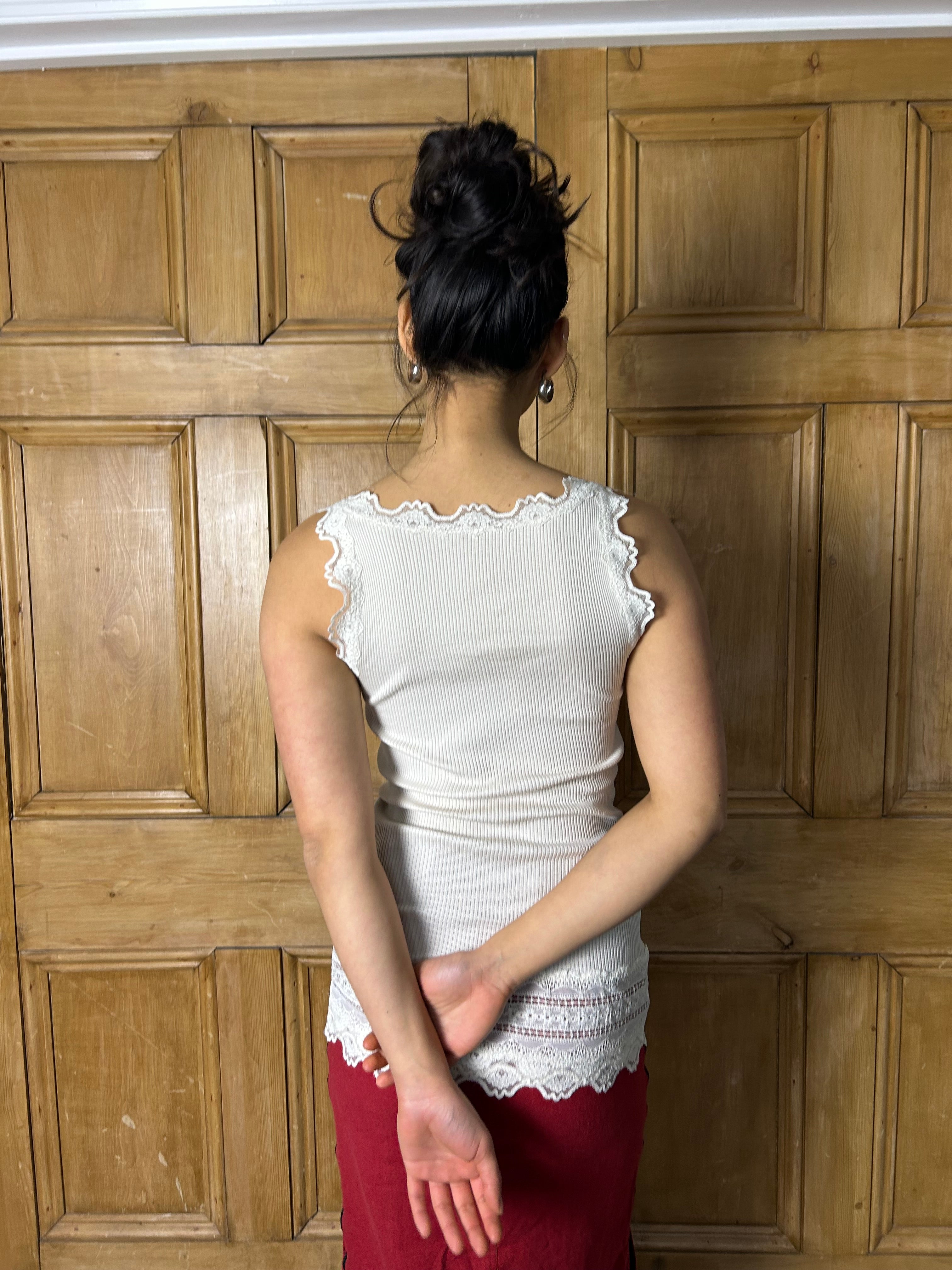 Cream ribbed lace tank top