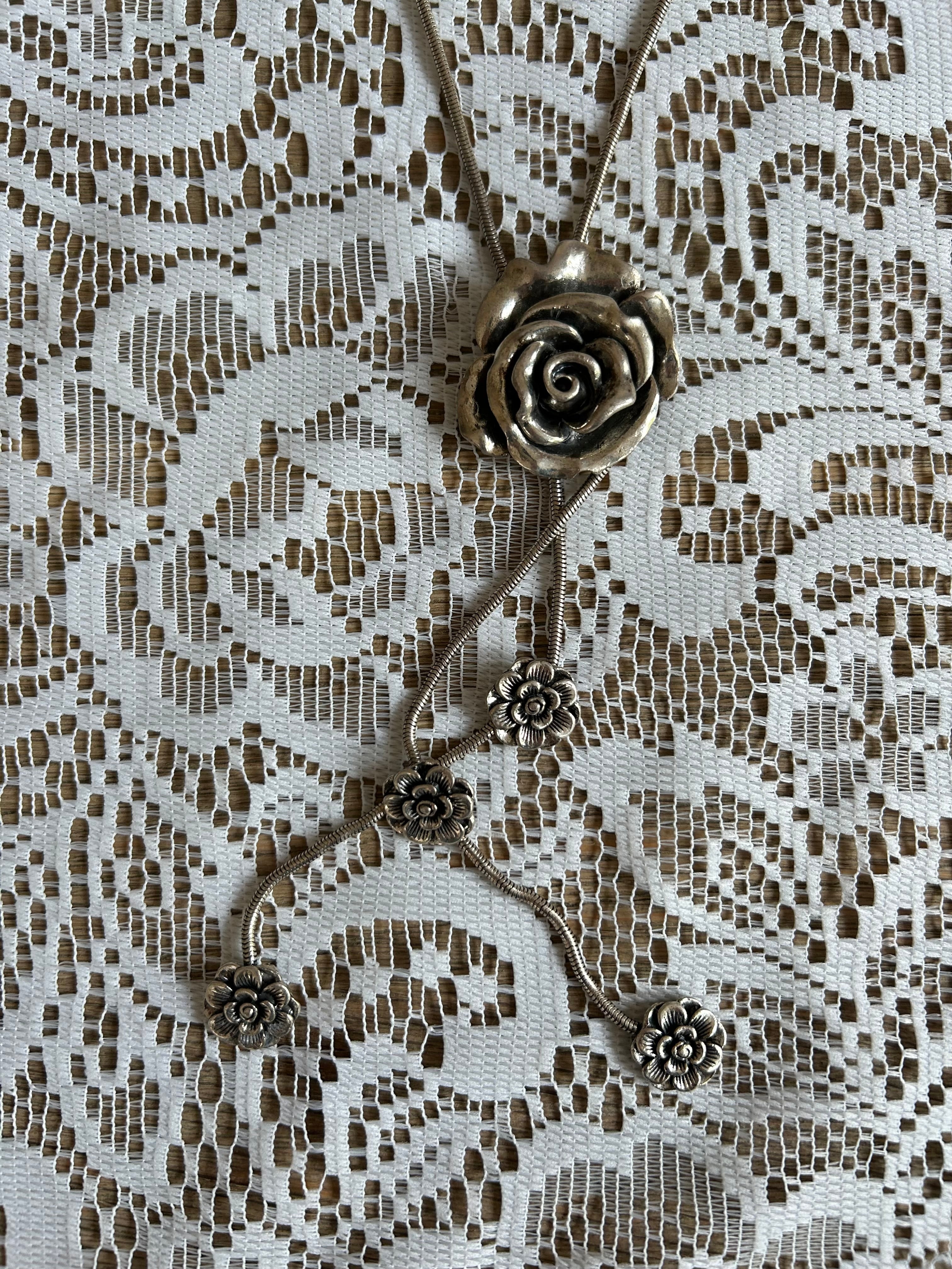 Chunky Silver Rose Drop Necklace