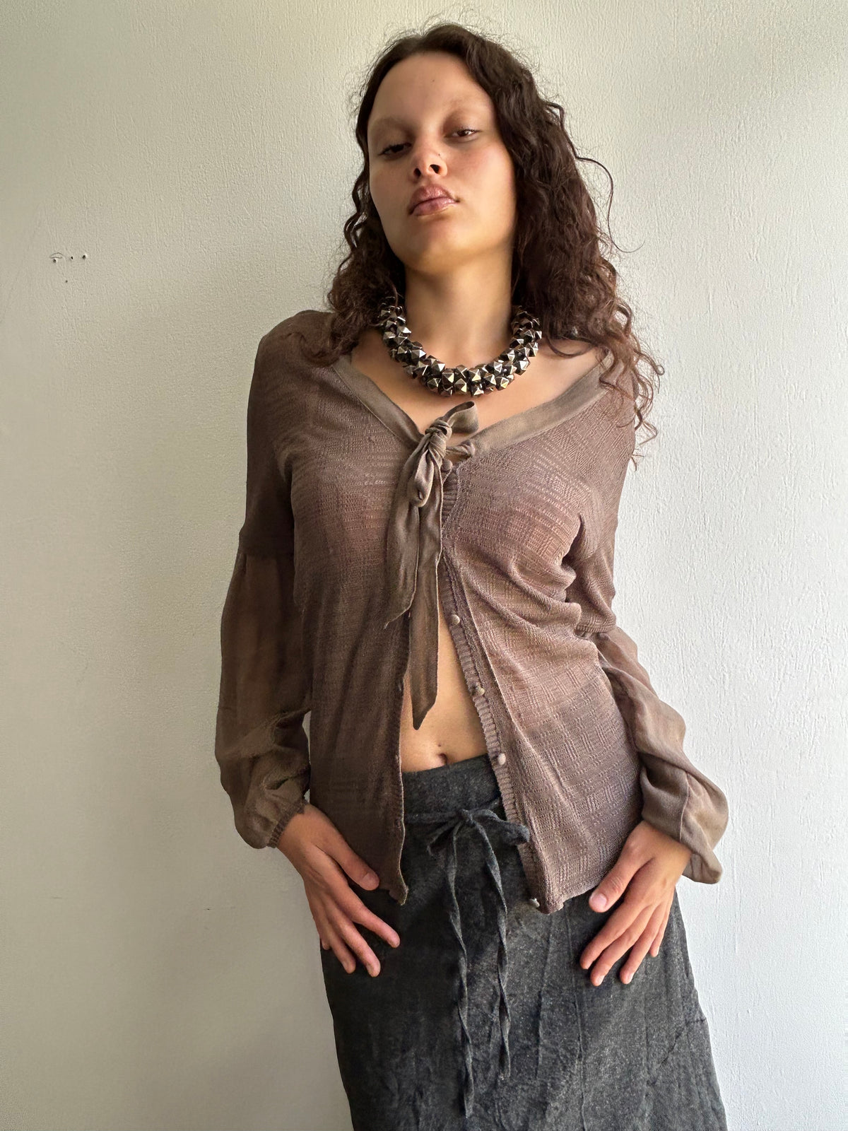 Brown Silk Button Up Top