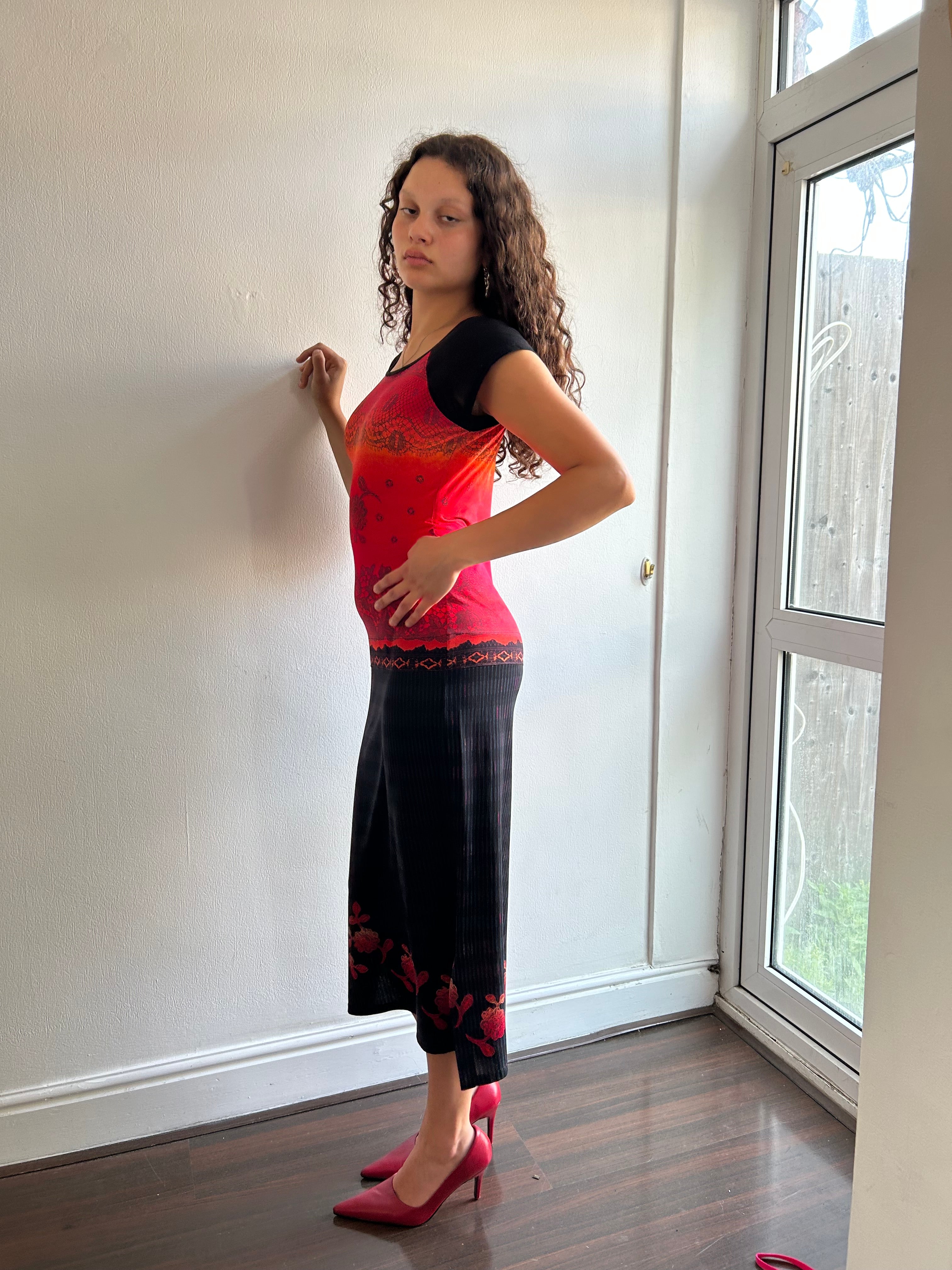 Whimsical Red and Black/Blue Maxi Dress