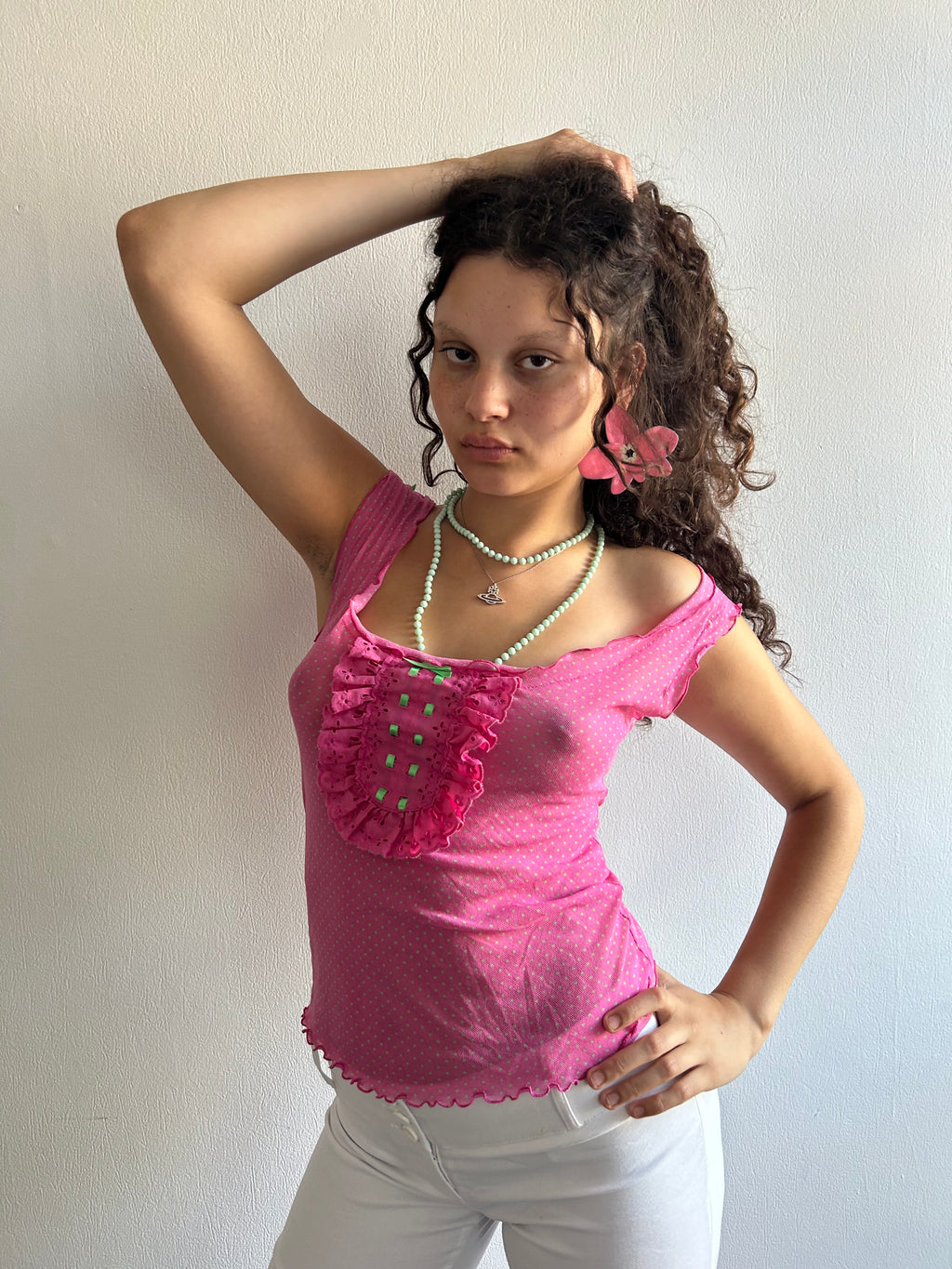 Vintage Coquette Pink and Green Sheer Top