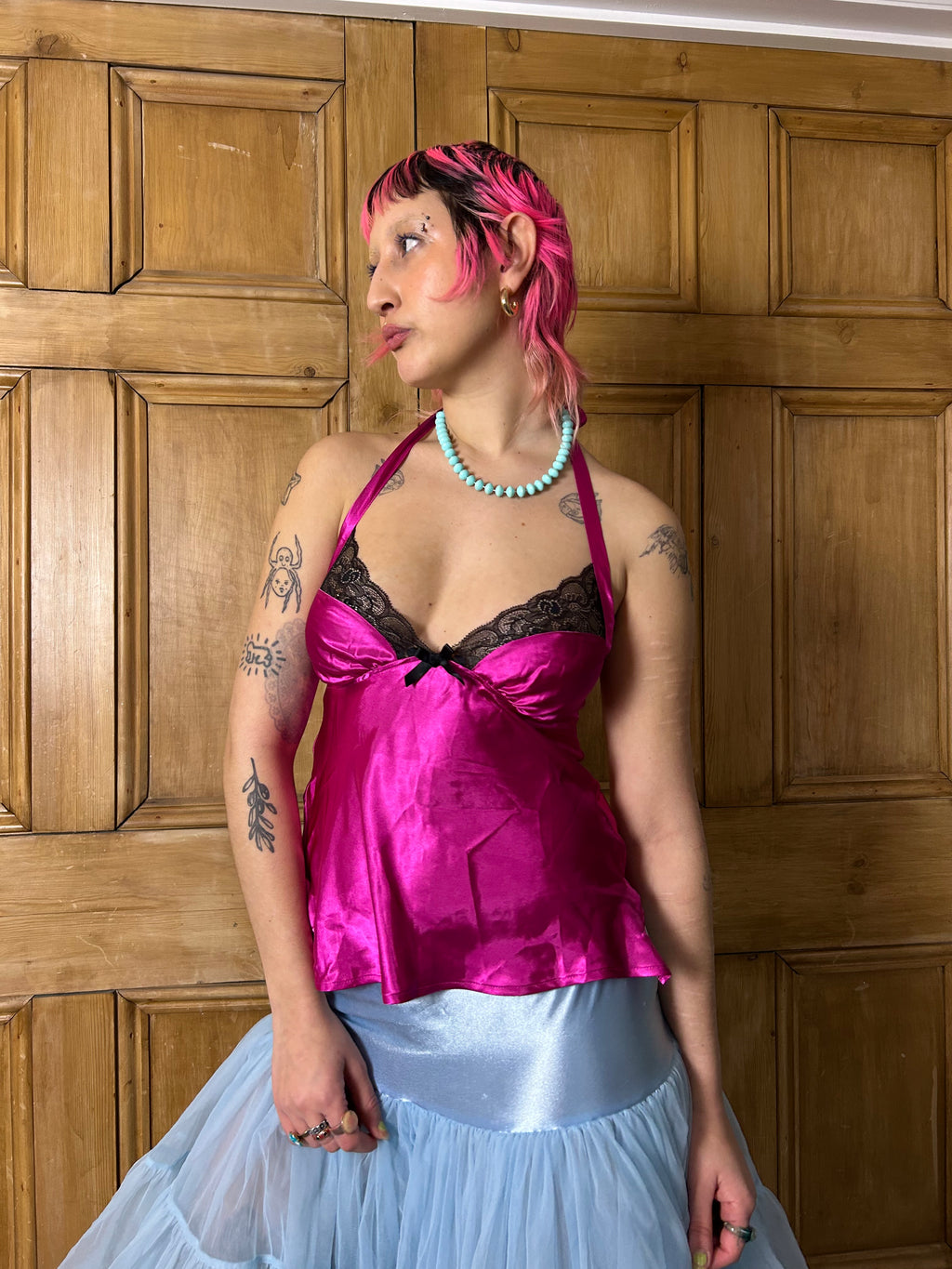 Hot pink lingerie halter top