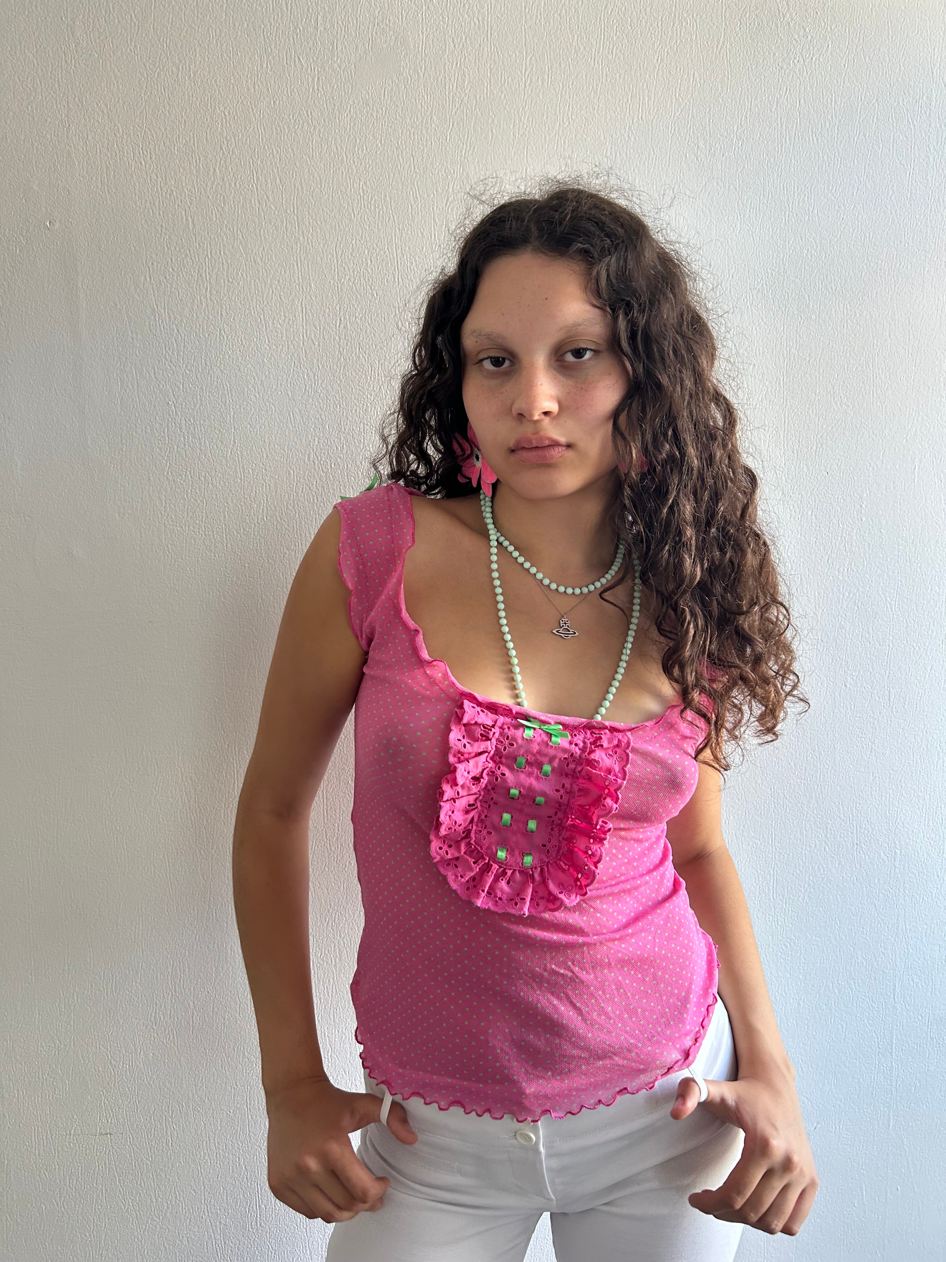 Vintage Coquette Pink and Green Sheer Top