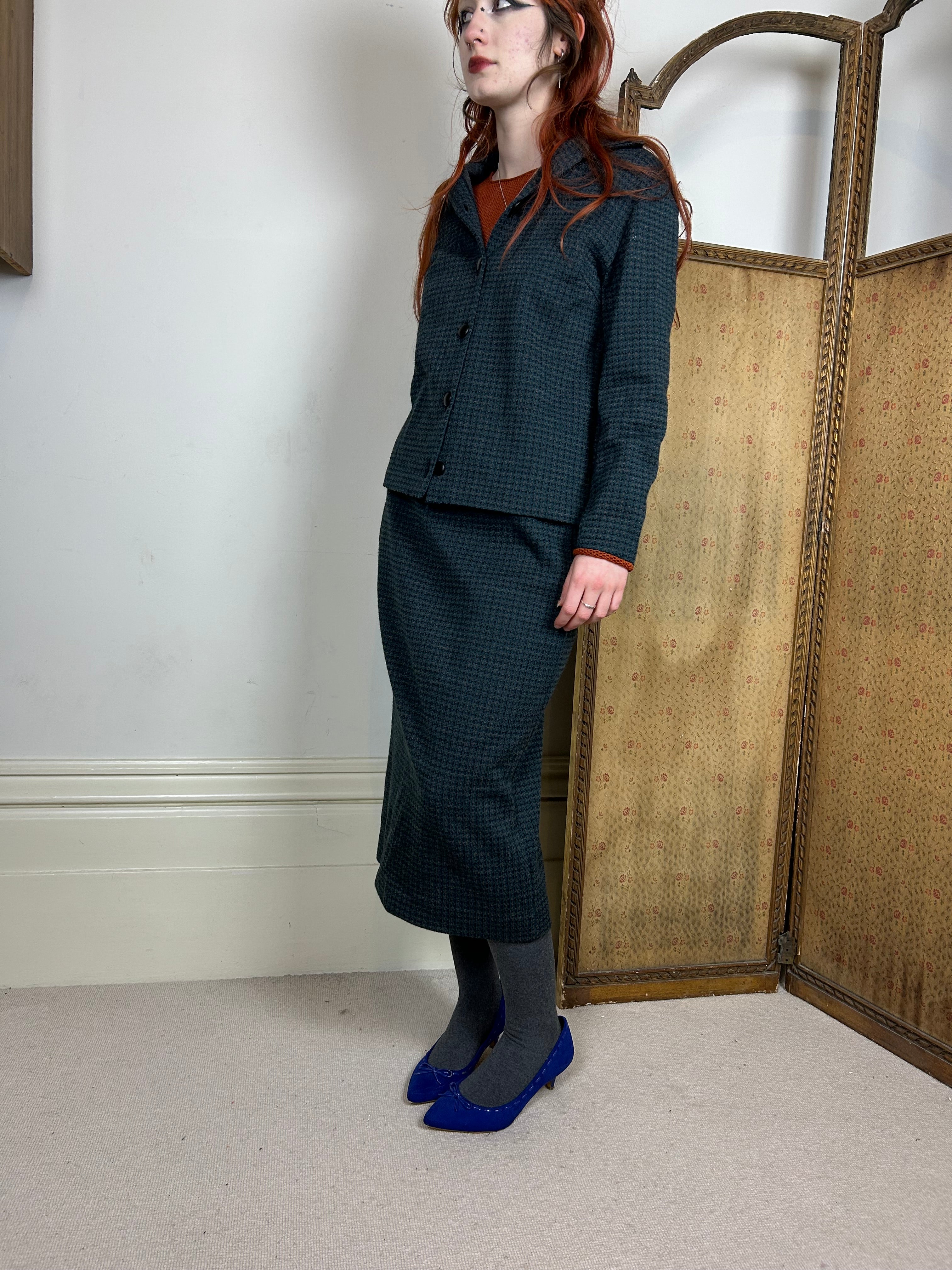 Vintage green and black wool skirt suit
