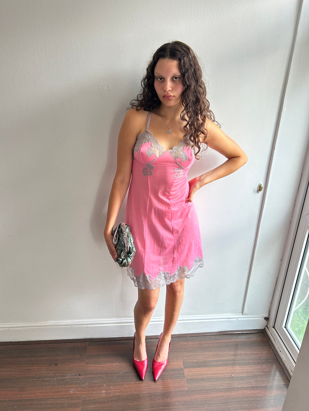 Vintage Pink and Grey Lace Slip Dress
