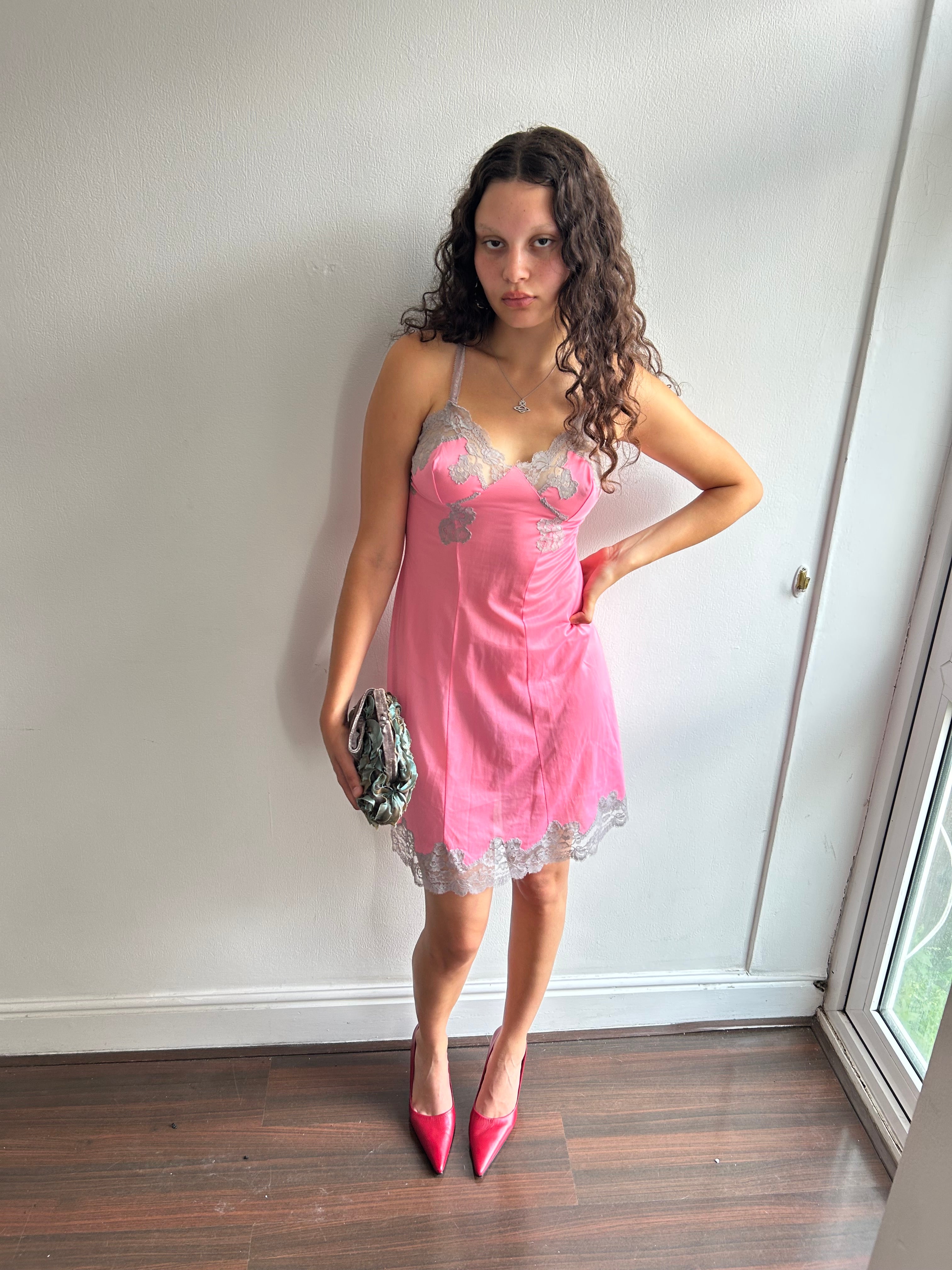 Vintage Pink and Grey Lace Slip Dress