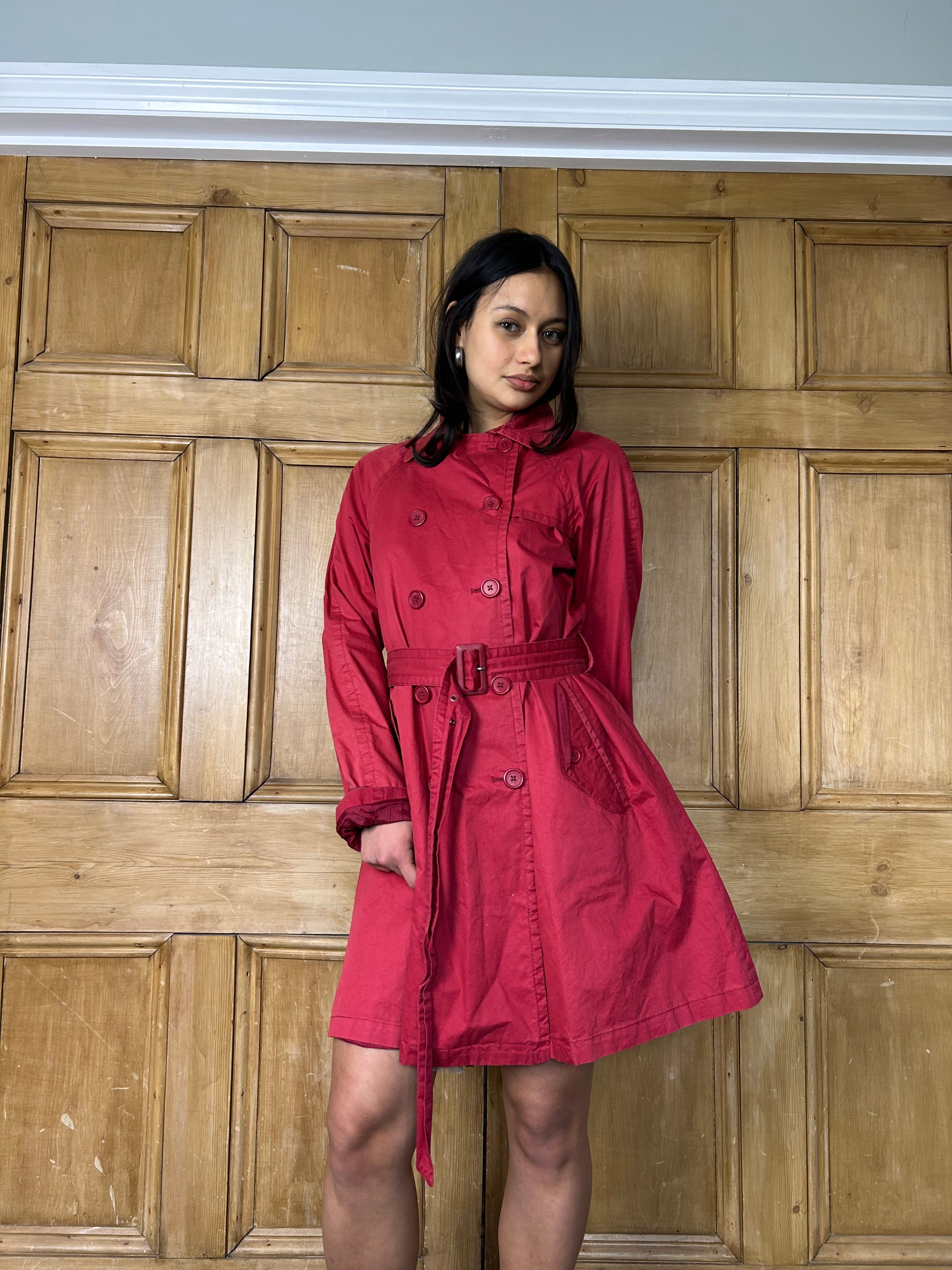 Red double breasted trench coat