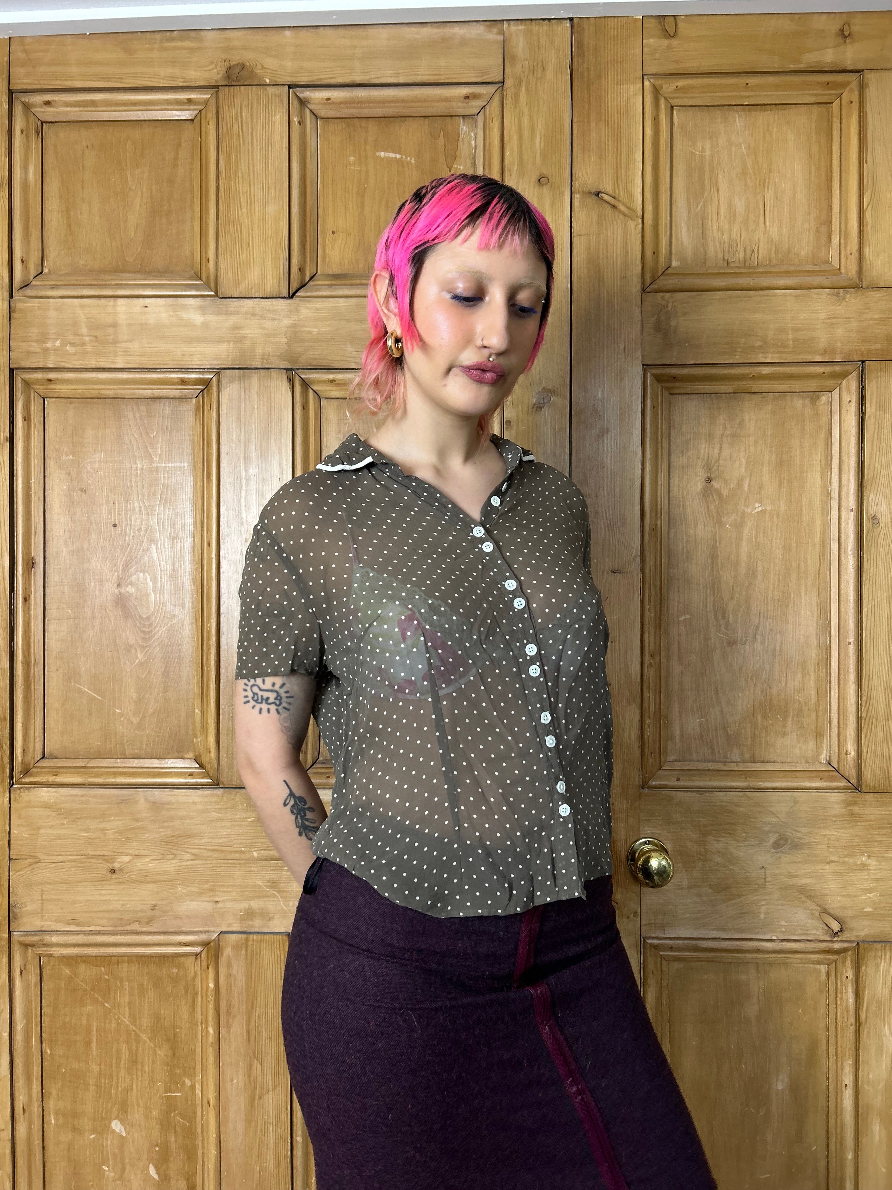 Sheer brown polka dot shirt