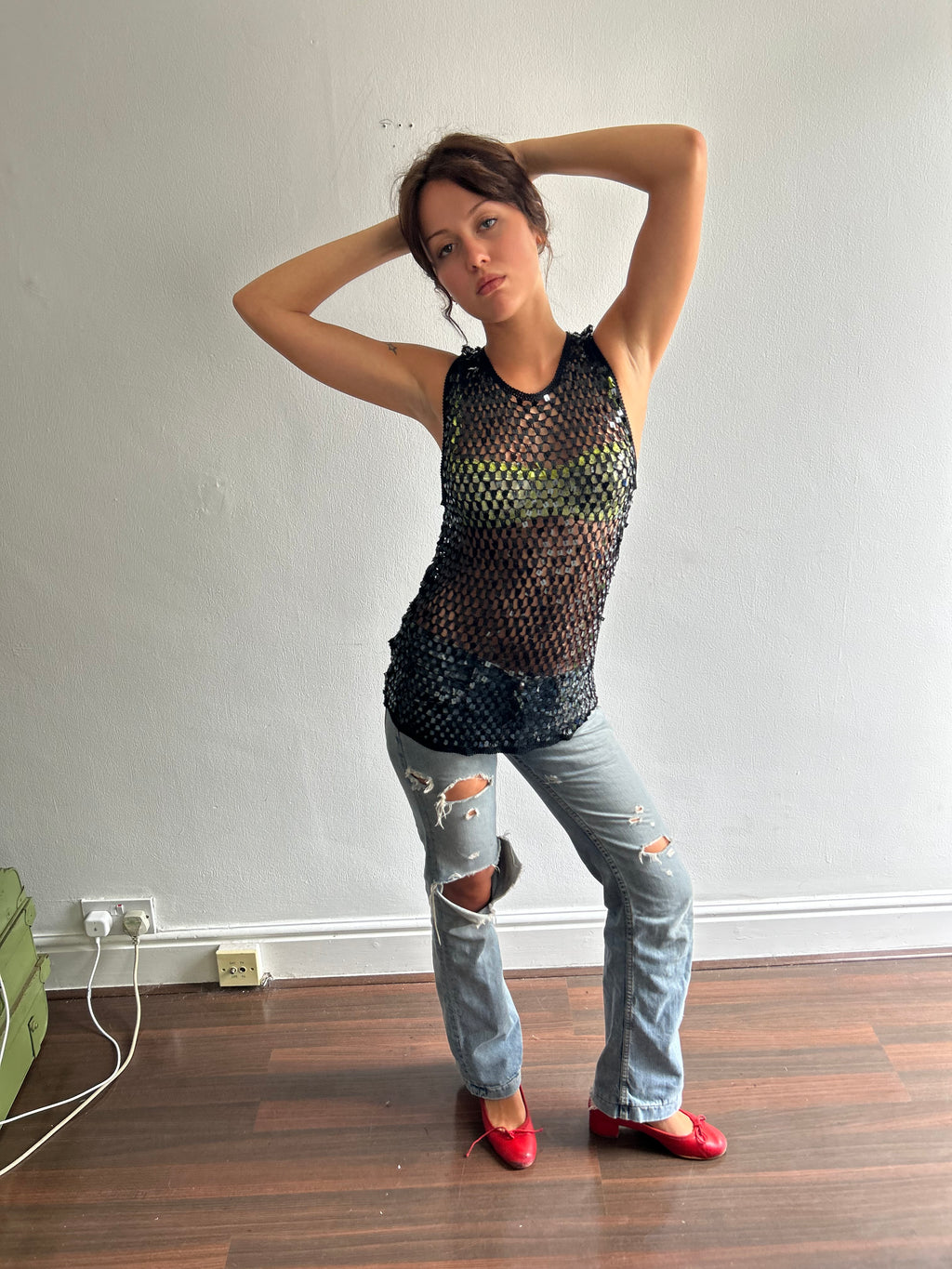 Black crochet and sequin top