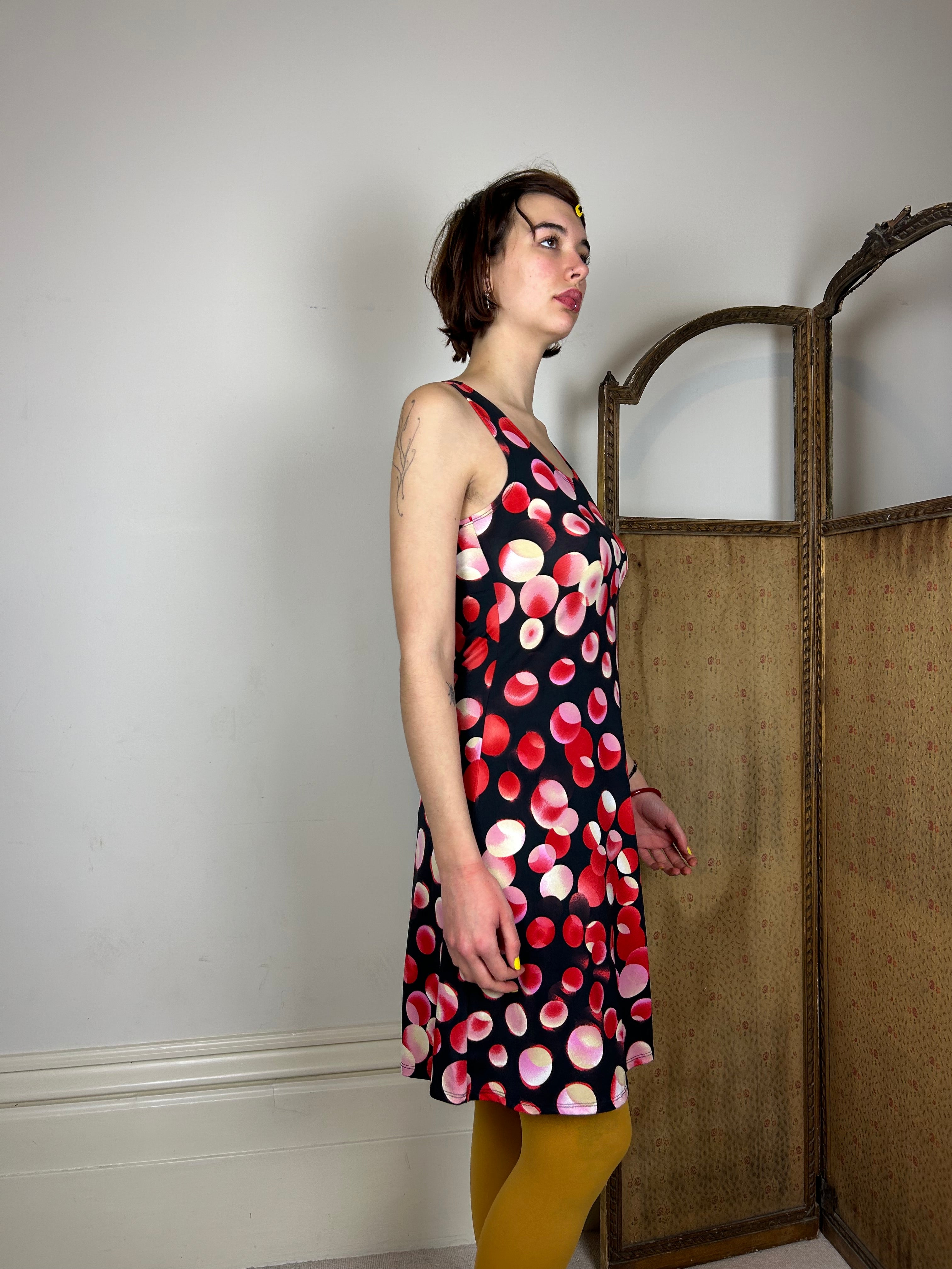 Red and black polka dot dress