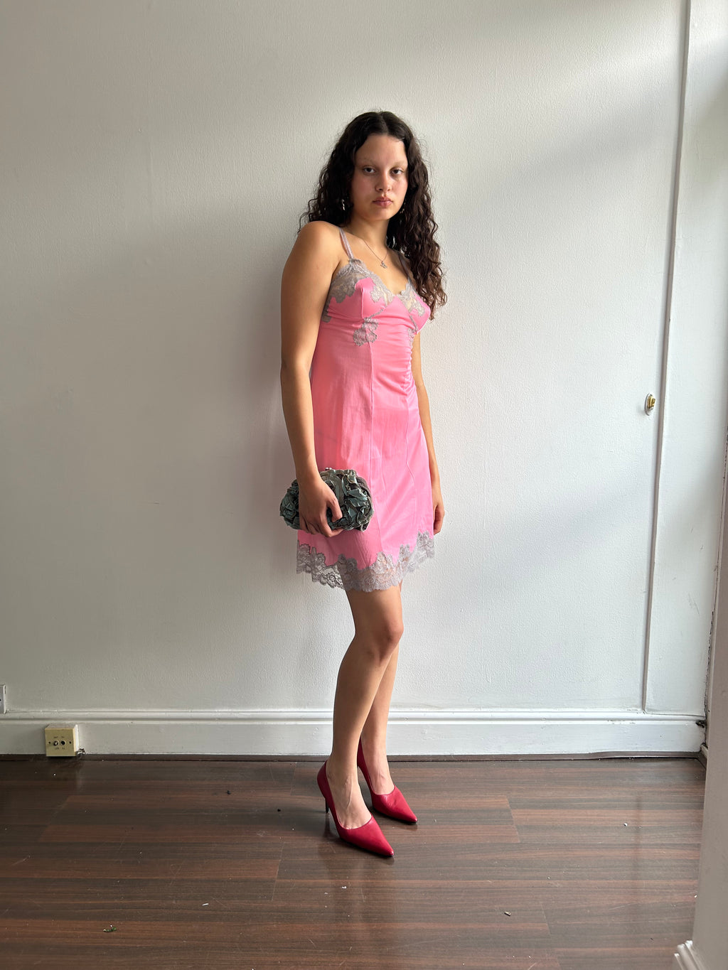 Vintage Pink and Grey Lace Slip Dress