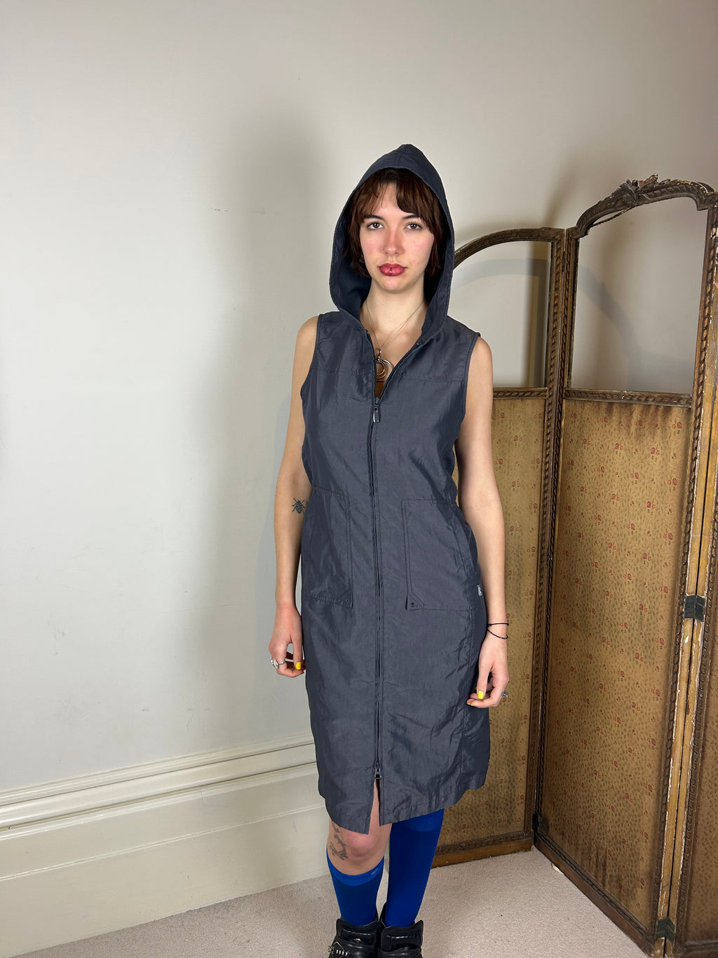 Grey hooded zip dress