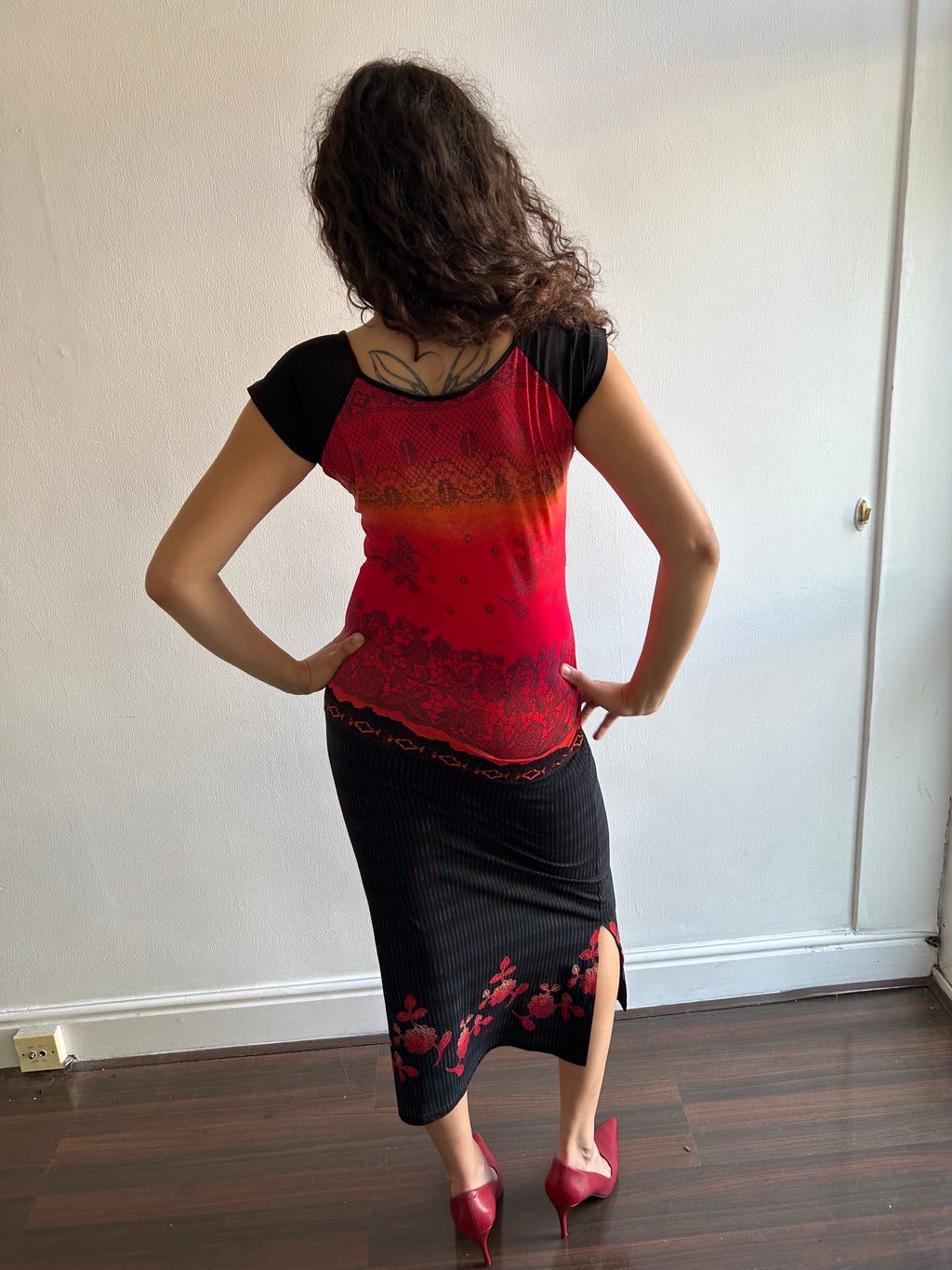 Whimsical Red and Black/Blue Maxi Dress
