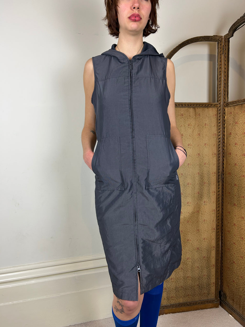 Grey hooded zip dress