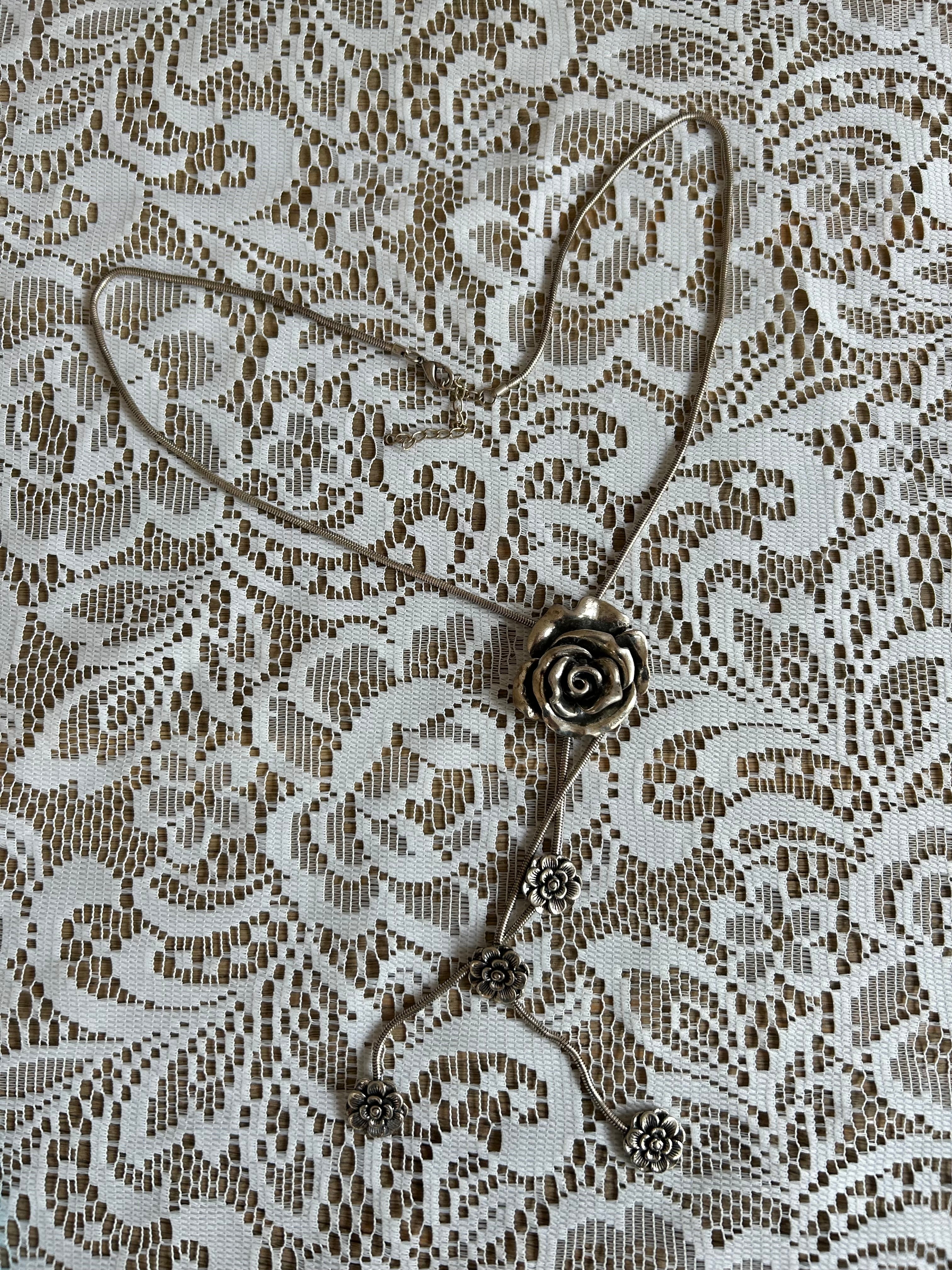 Chunky Silver Rose Drop Necklace
