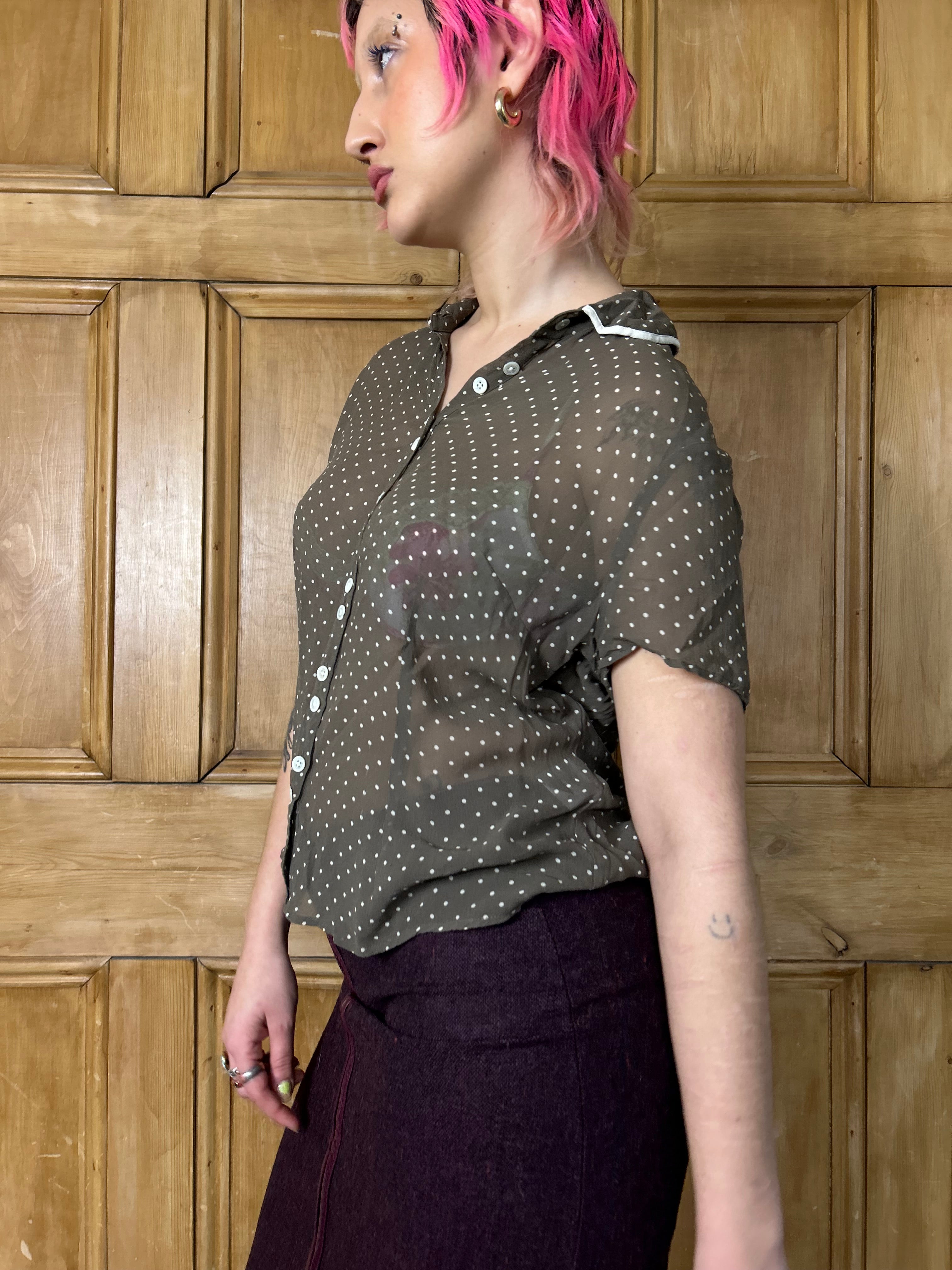 Sheer brown polka dot shirt