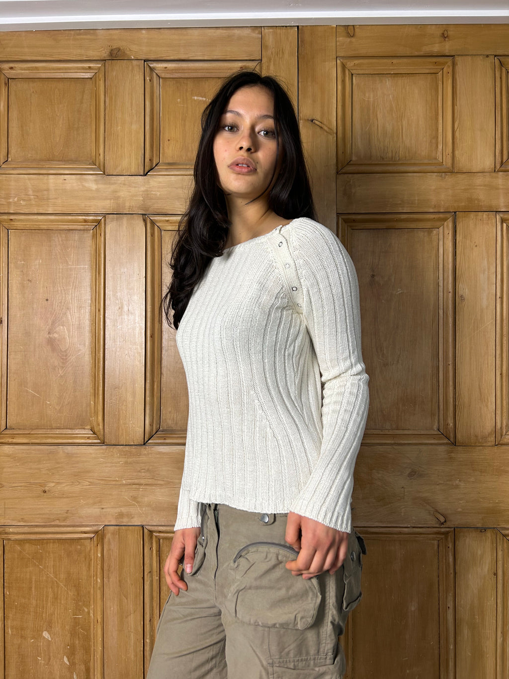 White ribbed jumper with button detailing