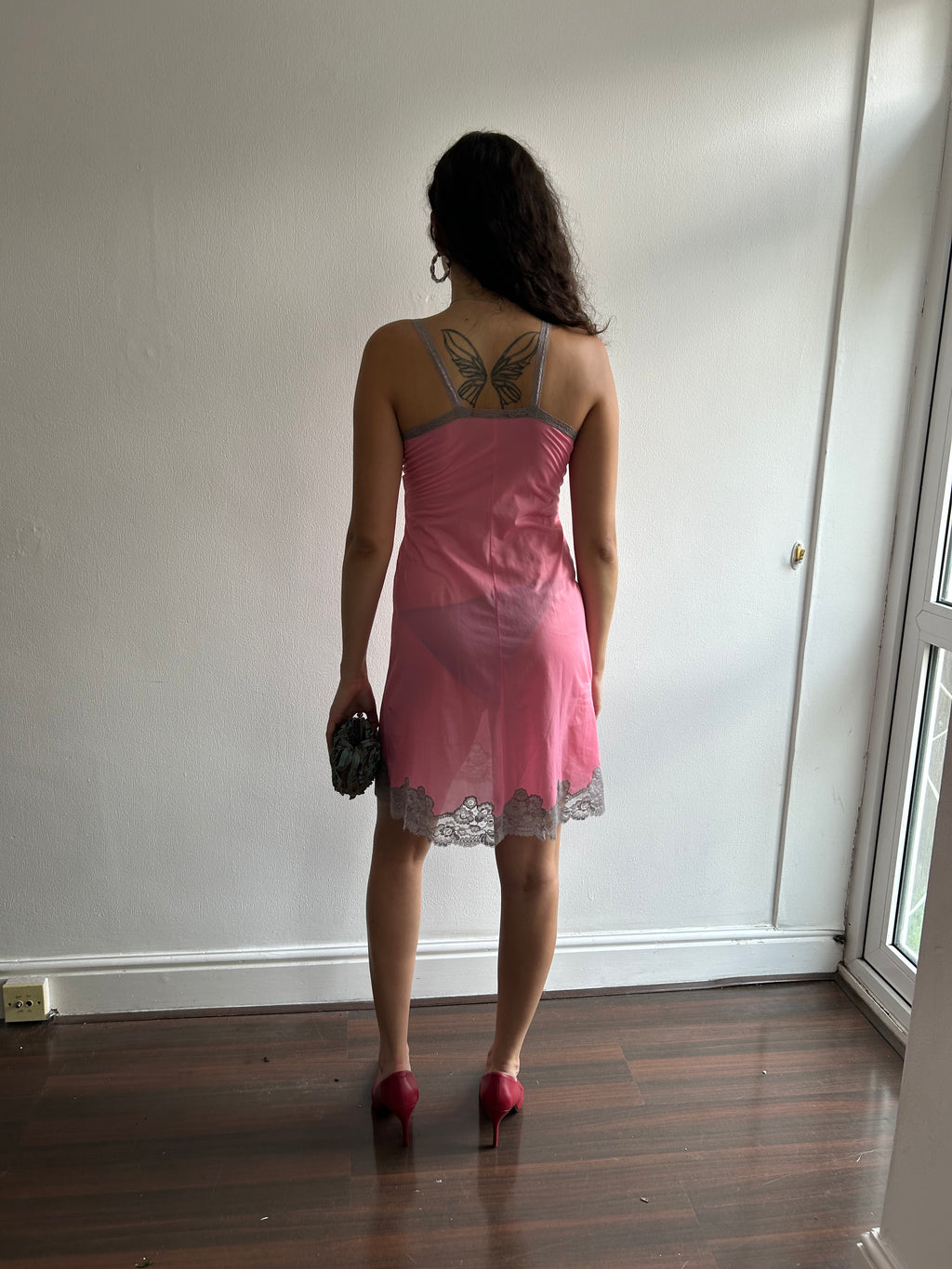 Vintage Pink and Grey Lace Slip Dress