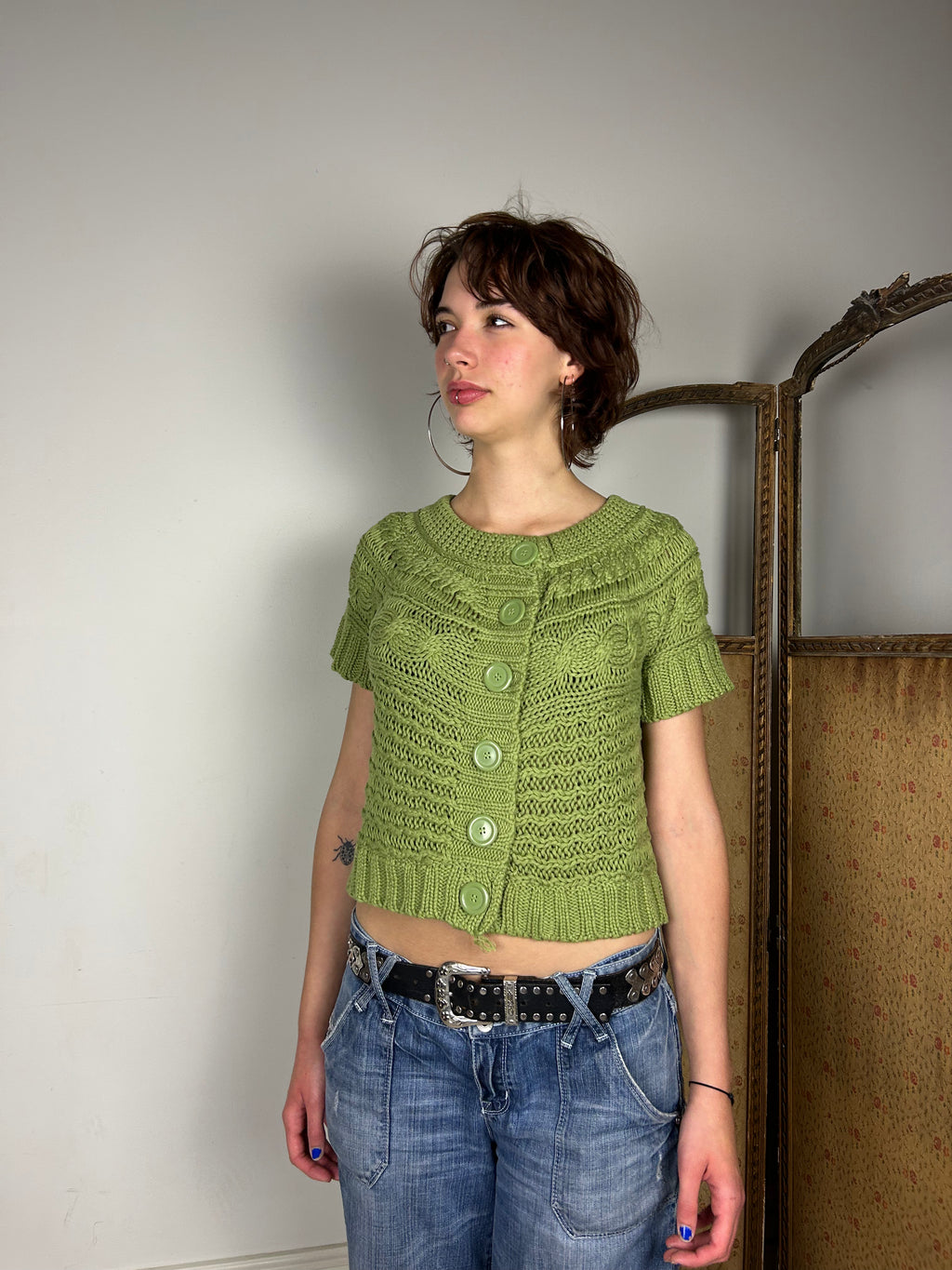 Green Knit Crop Cardigan