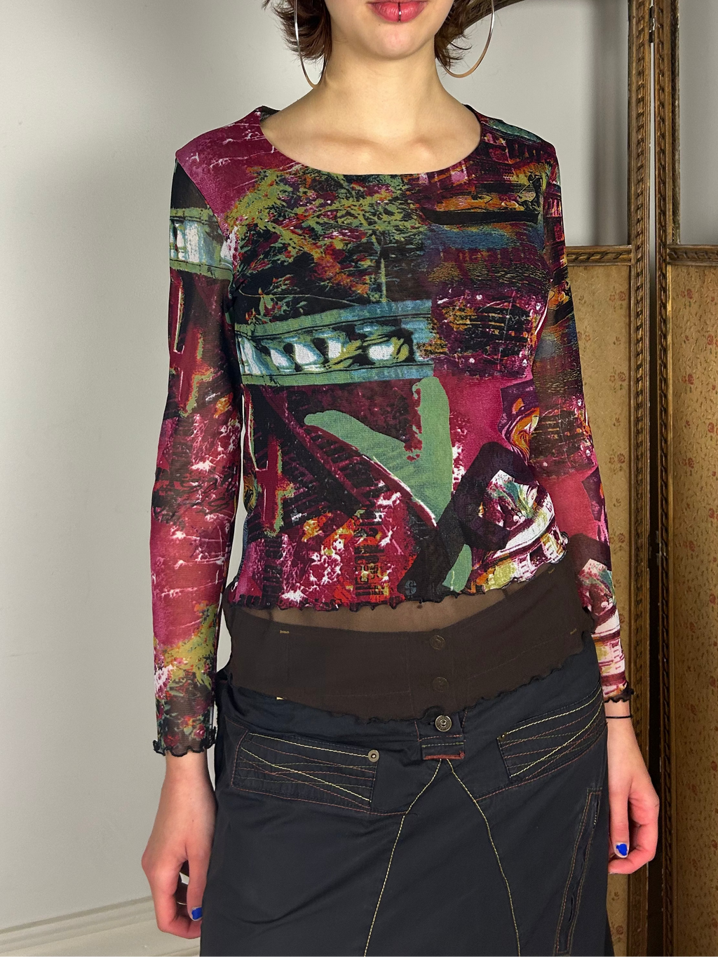 Graphic Print Mesh Top