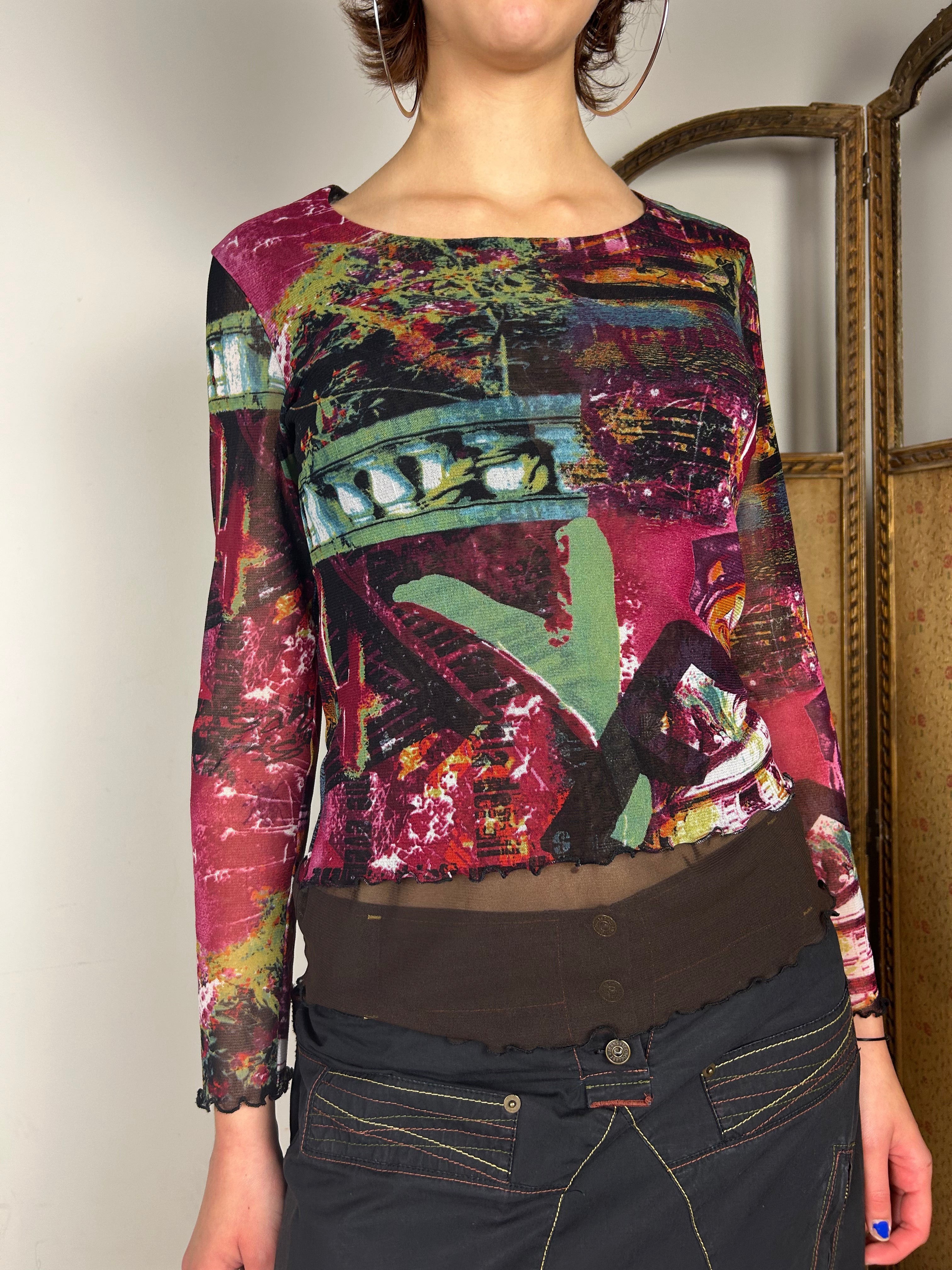 Graphic Print Mesh Top