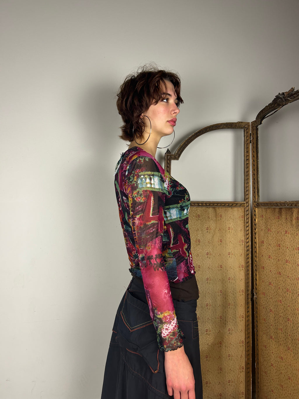 Graphic Print Mesh Top