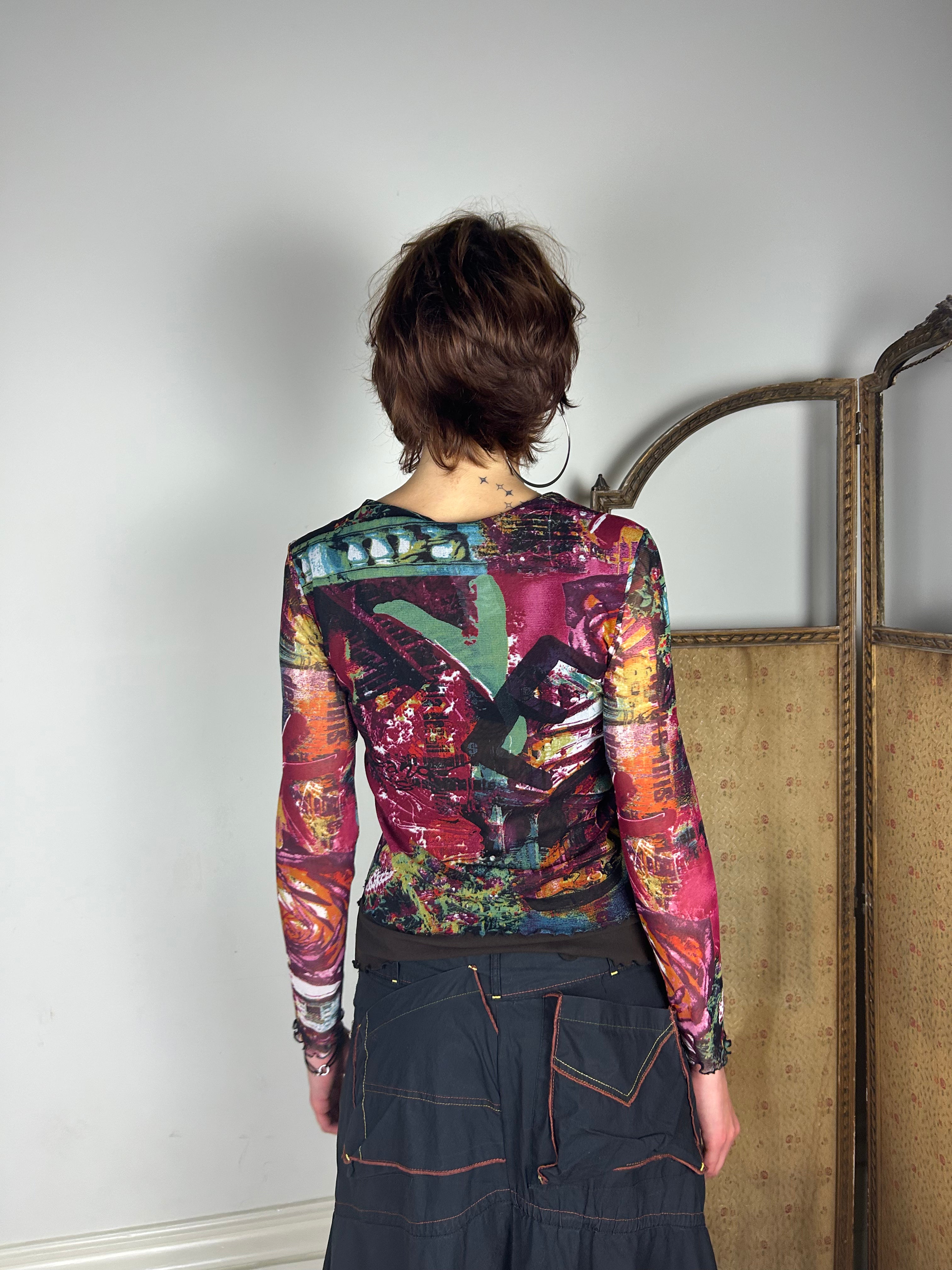 Graphic Print Mesh Top