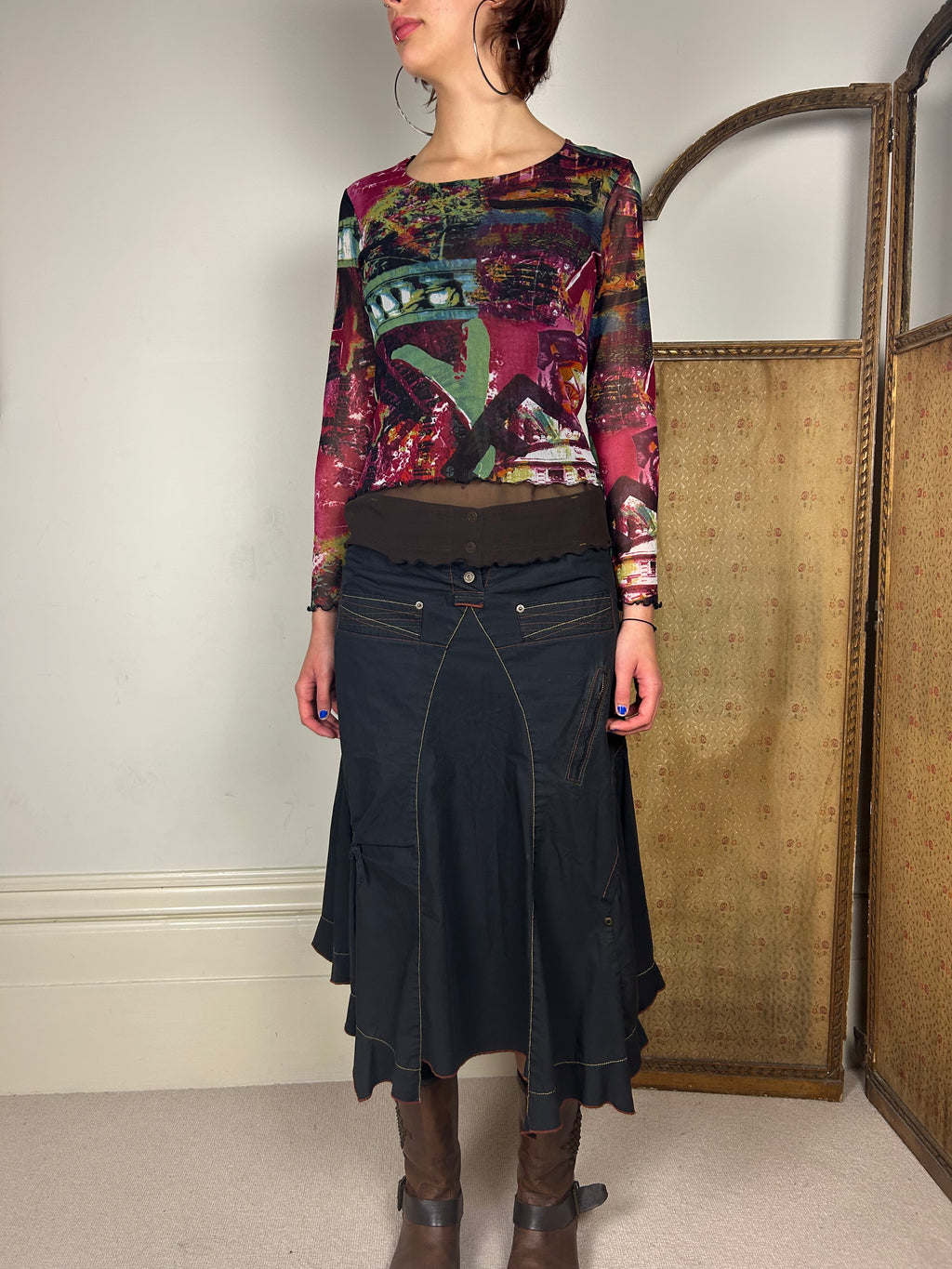 Graphic Print Mesh Top