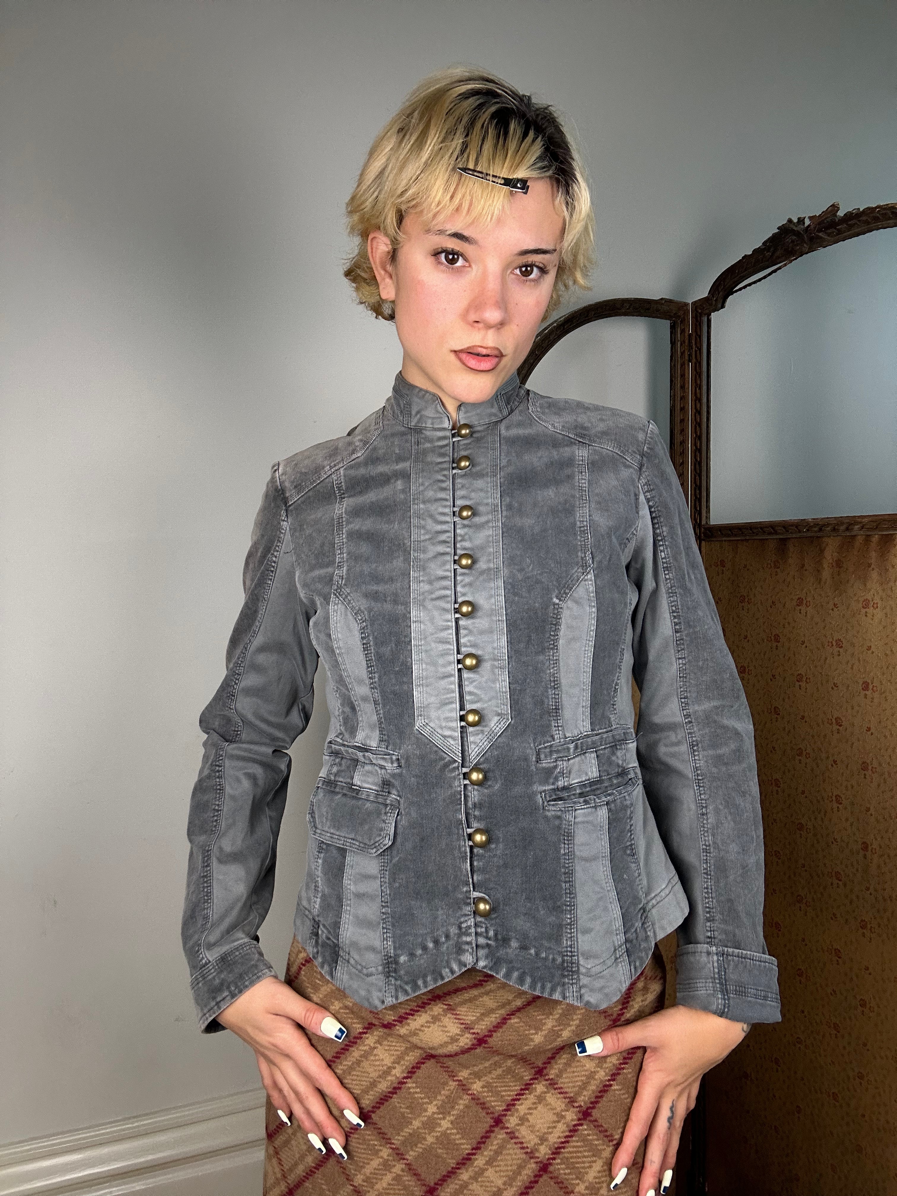 Grey Striped Military Style Jacket