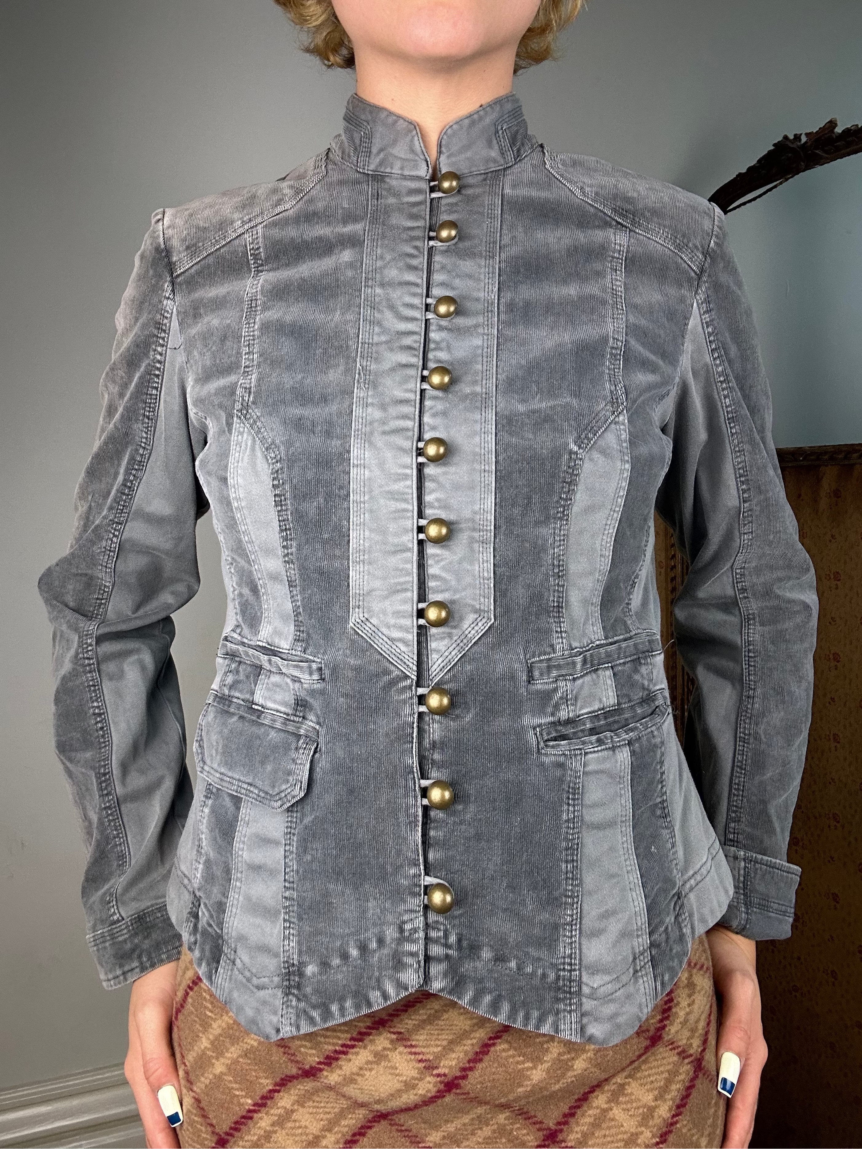 Grey Striped Military Style Jacket