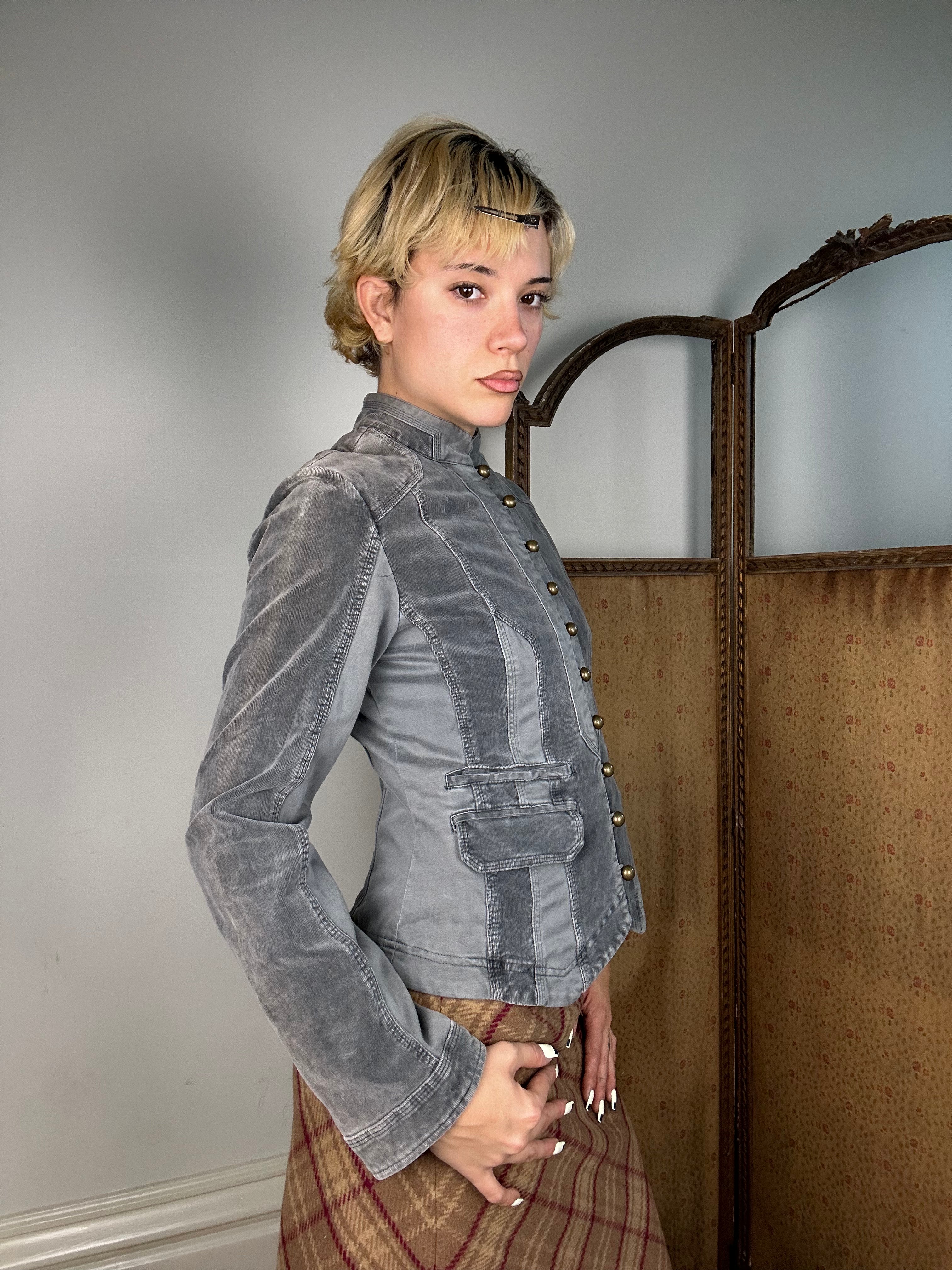 Grey Striped Military Style Jacket